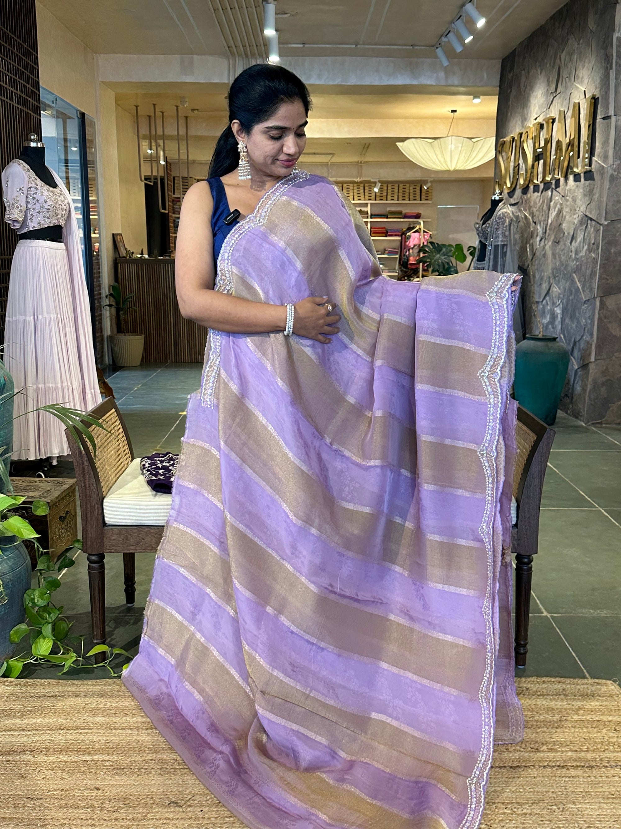 Lilac Tissue and kora brasso Saree with Scalloped handwork borders & blouse