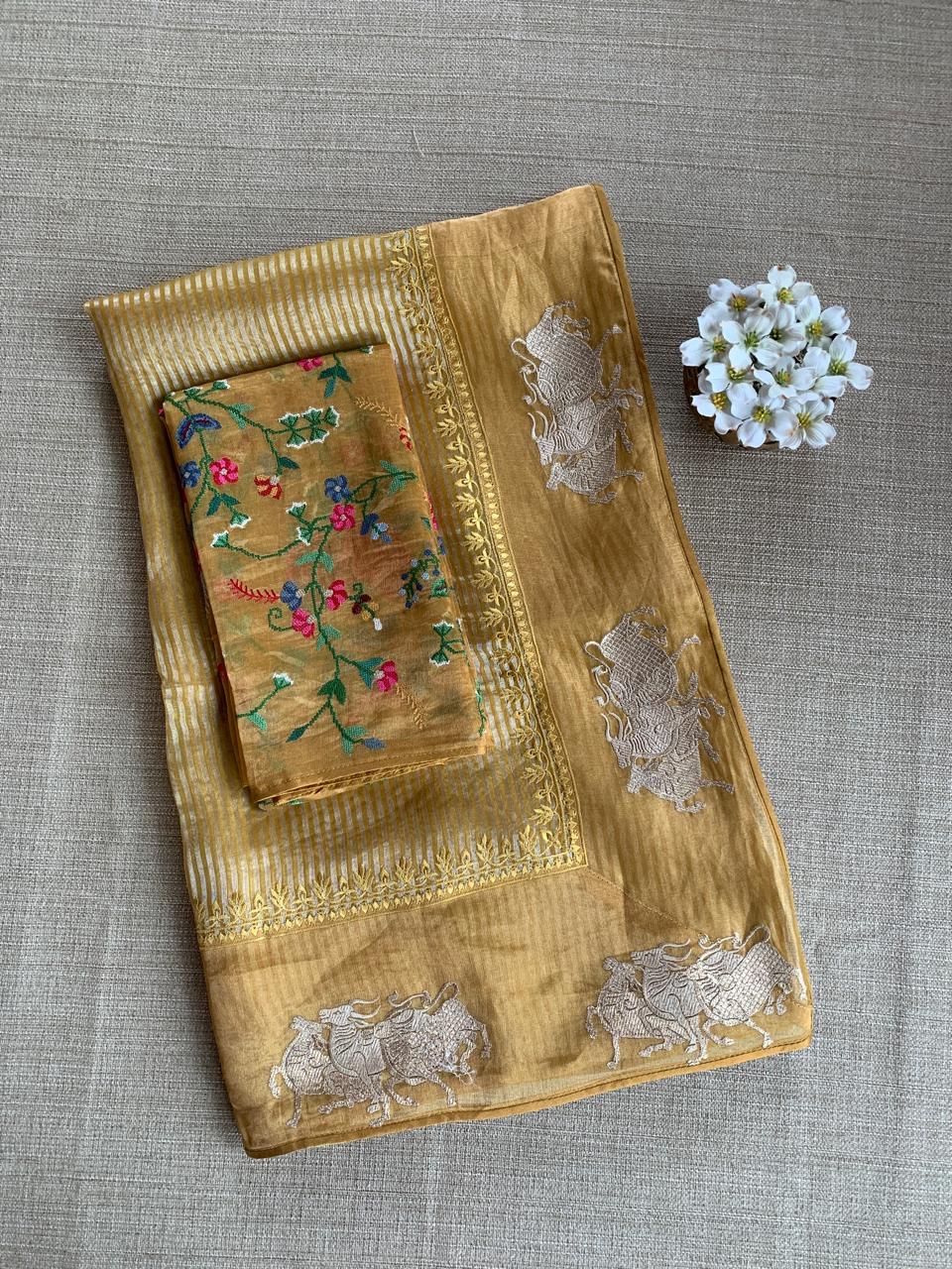 Mustard Tissue Stripes Saree with Nandi Border & Tissue Petite Point Blouse
