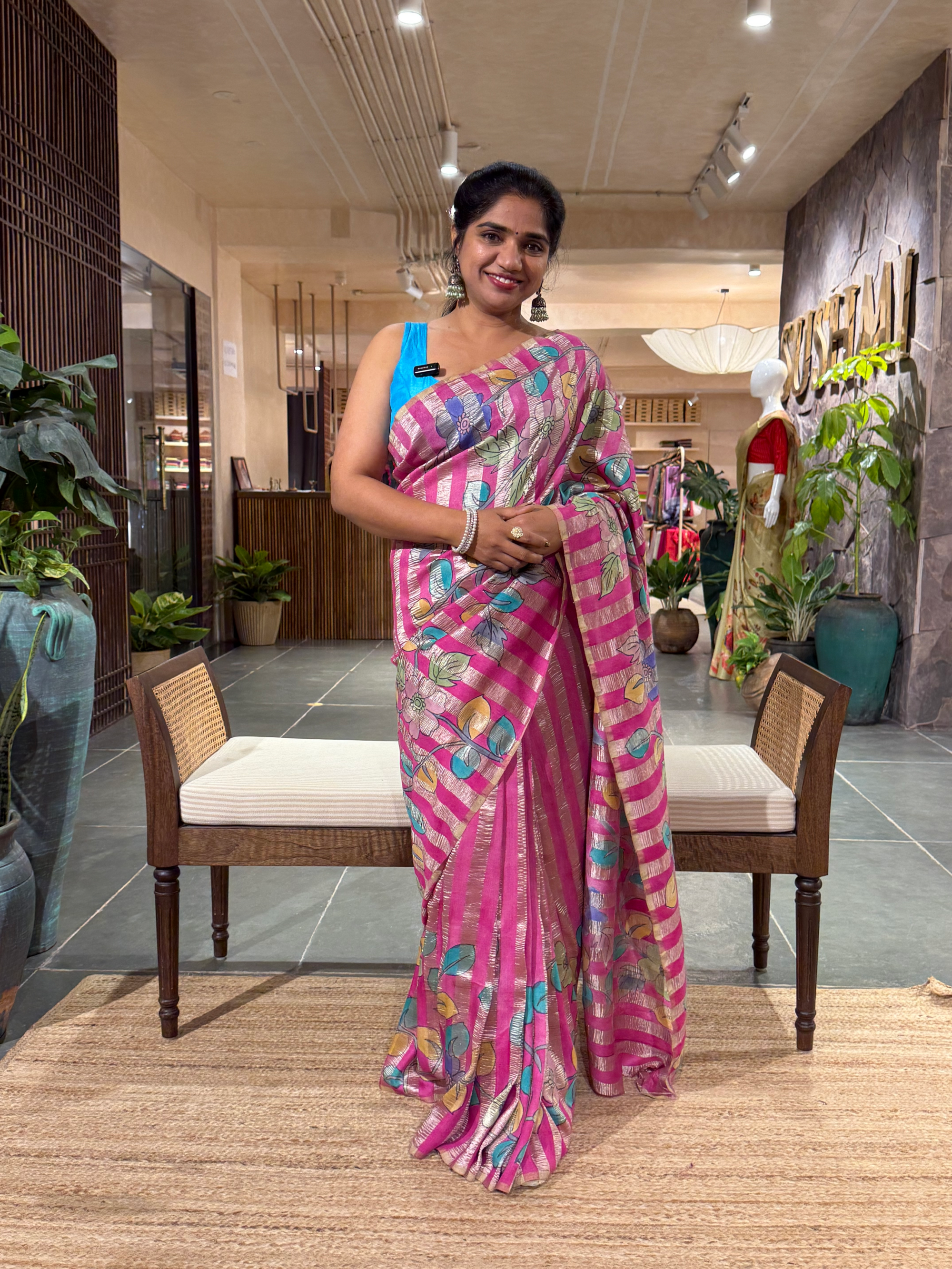SMTKM1710 Pure Handloom Munga Silk Wth Tissue Stripes & kalamkari Handpainting