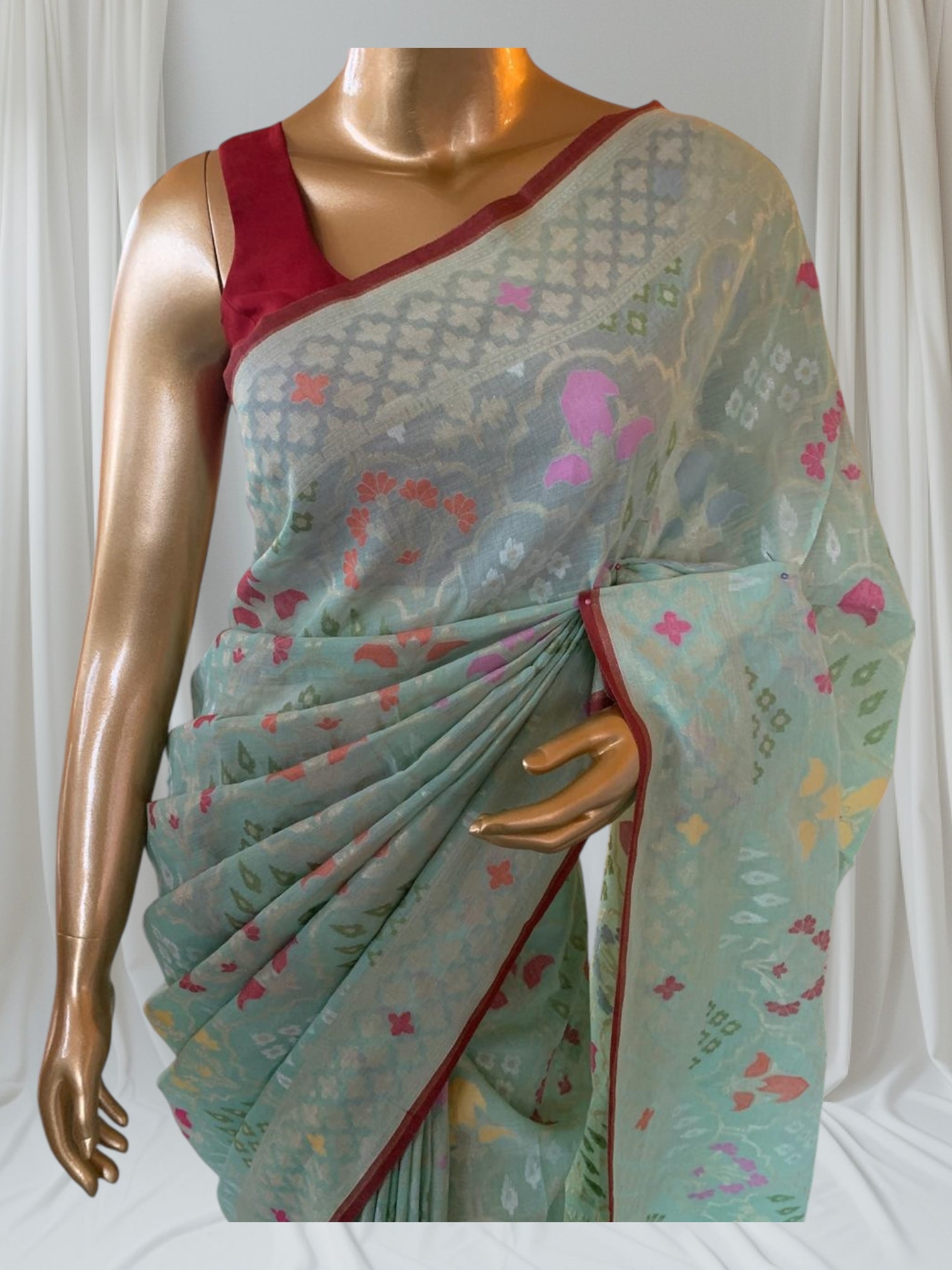 Mint Banarasi Handloom Cotton Cut Jamdani Saree With Allover Meenakari