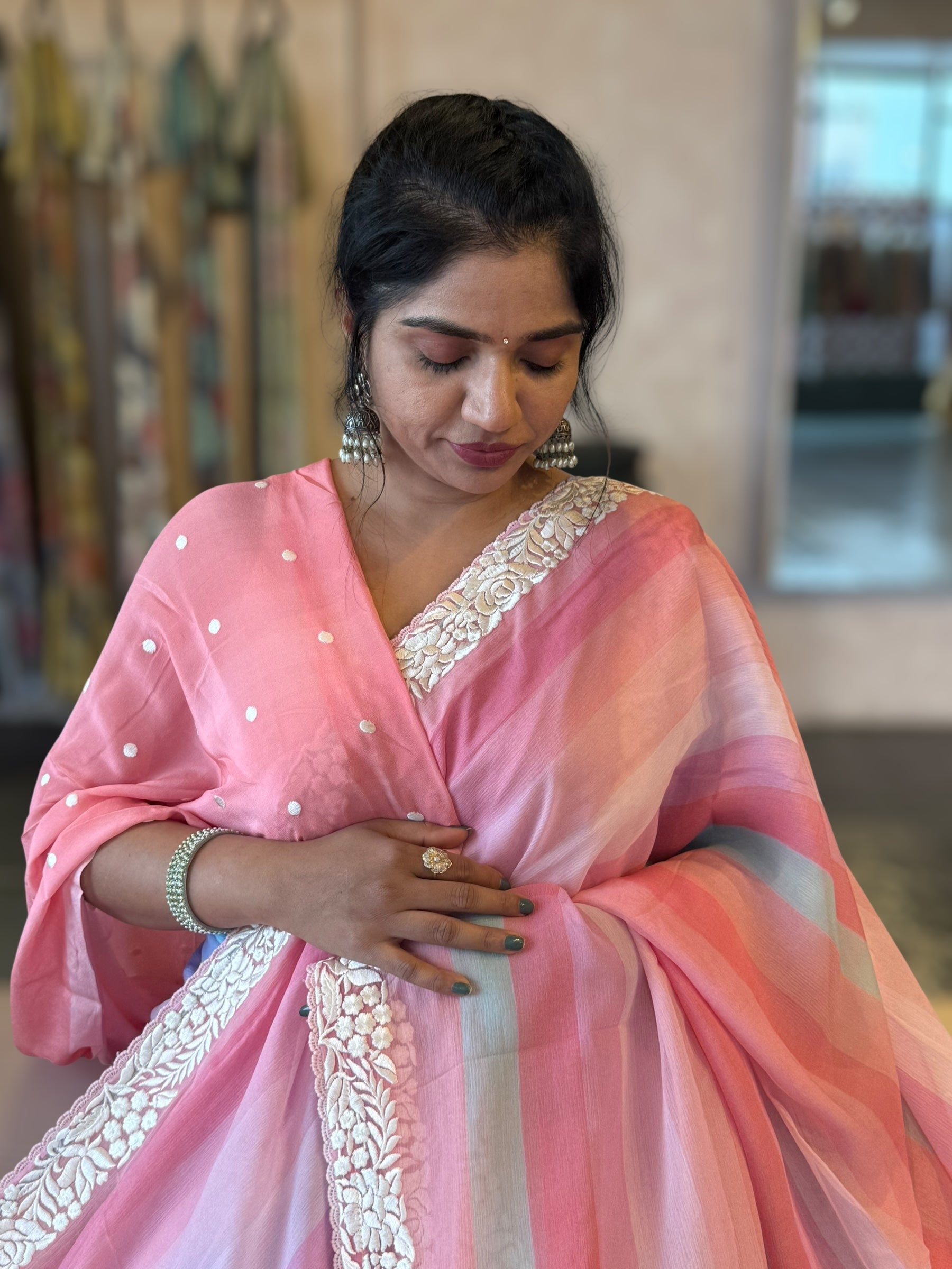 Pure Chiffon Saree with Ombre Brush dyeing & Parsi Gara Embroidered Border