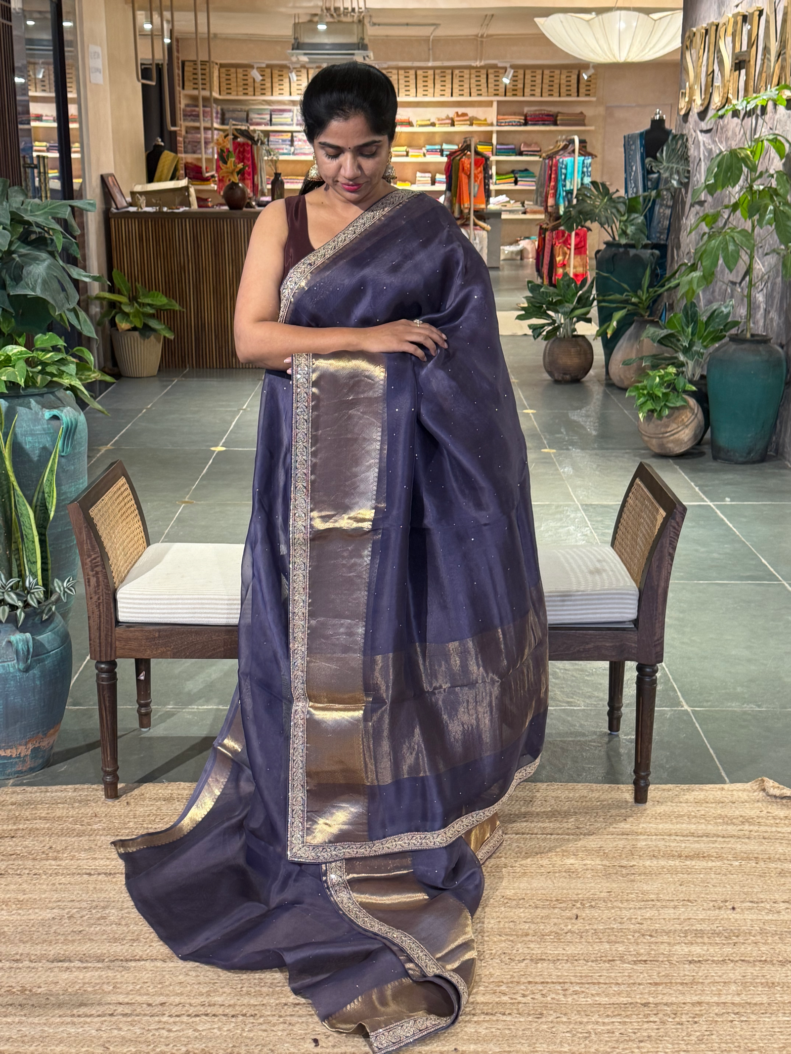 SK1091414ORG:Bluish Violet Kanchi Kora Saree with allover mukaish handwork