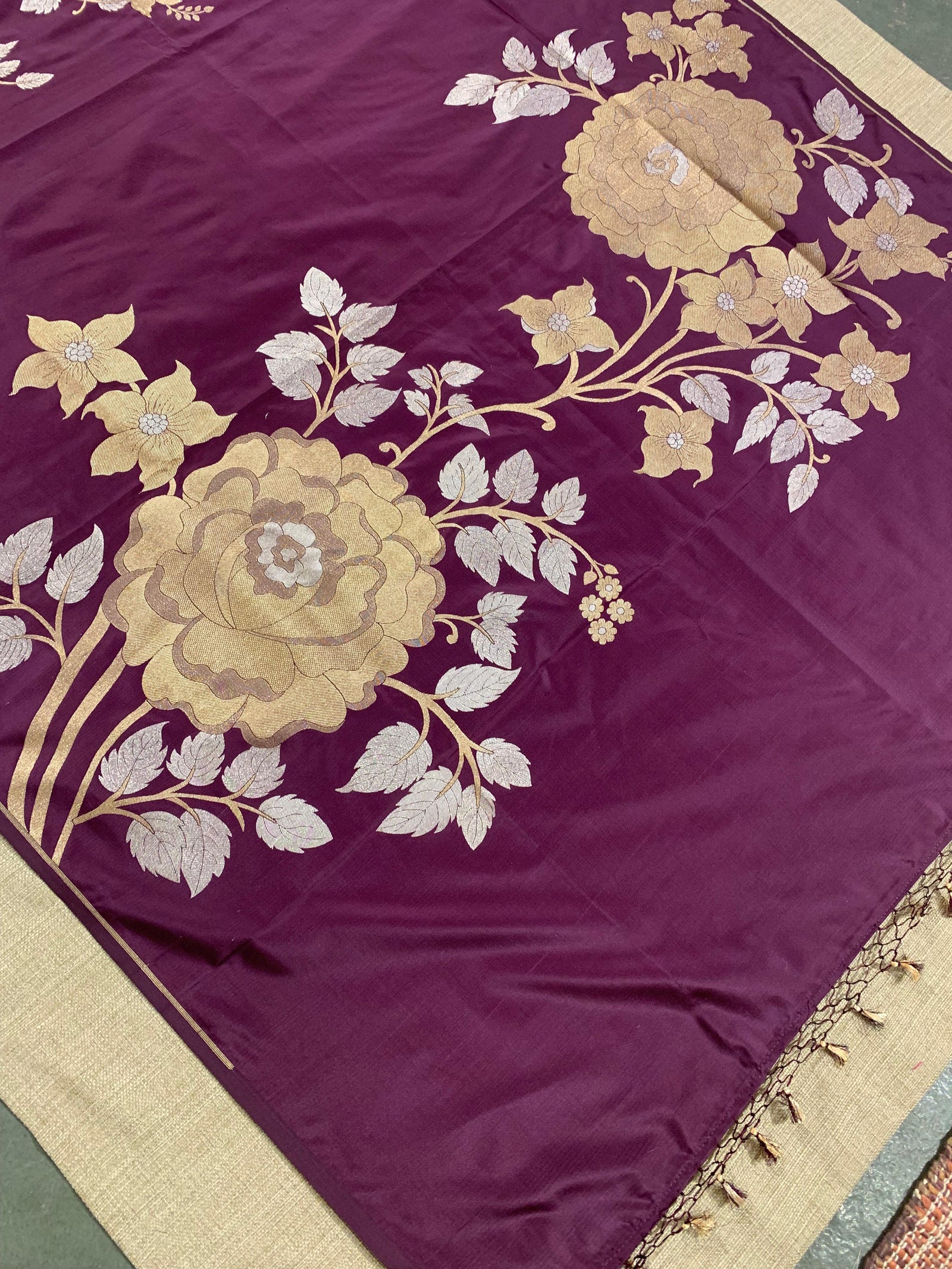 Wine and Antique Gold Designer Banarasi Silk Saree