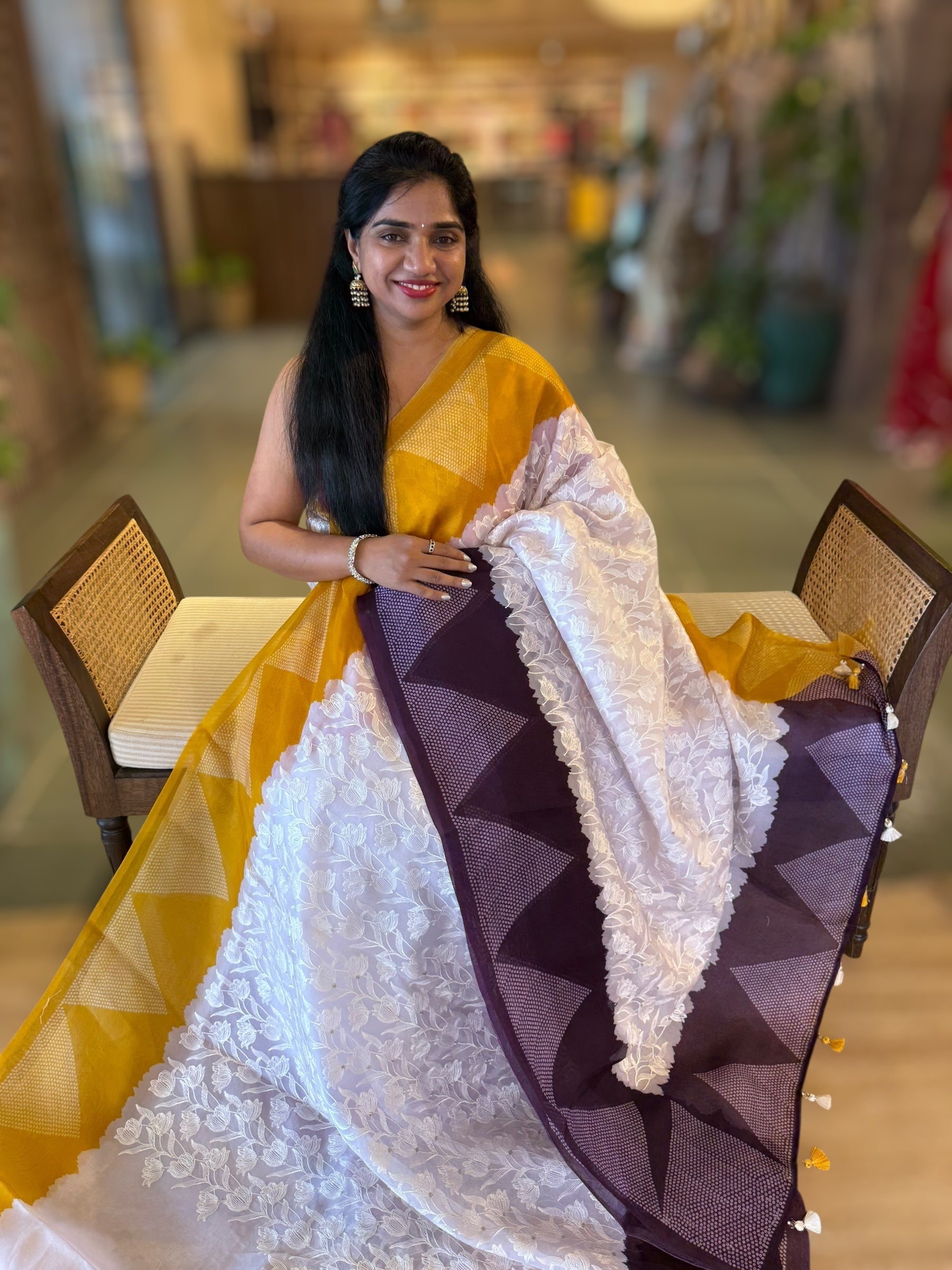 Organza Chikankari Embroidery Saree With Ganga Jamuna Bandhini Temple Borders