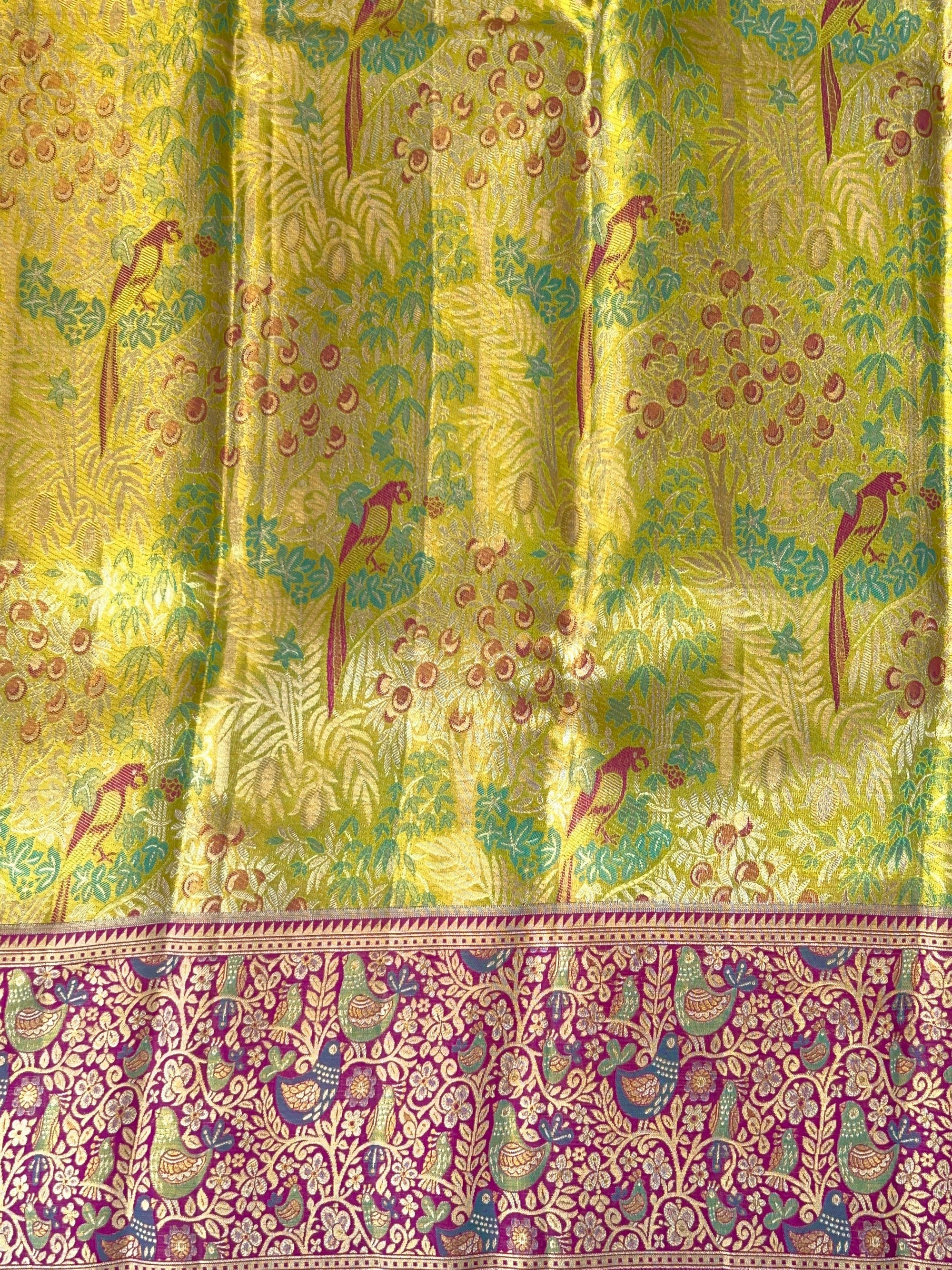 Lime Green Tissue Kanchi Pattu Saree with Meenakari Parrot Motifs