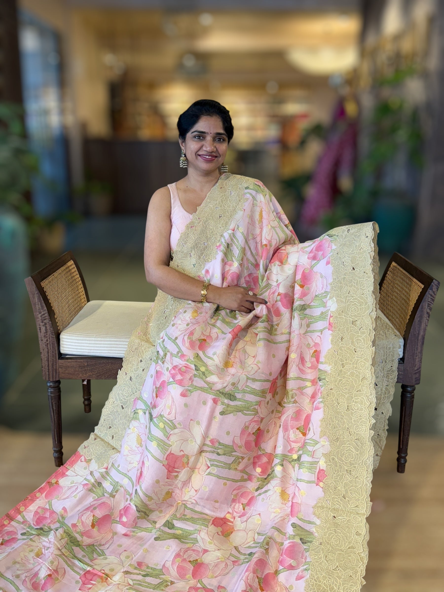 BabyPink Banarasi Printed Tussar Khaddi Gorgette With Tissue cutwork Rose Border