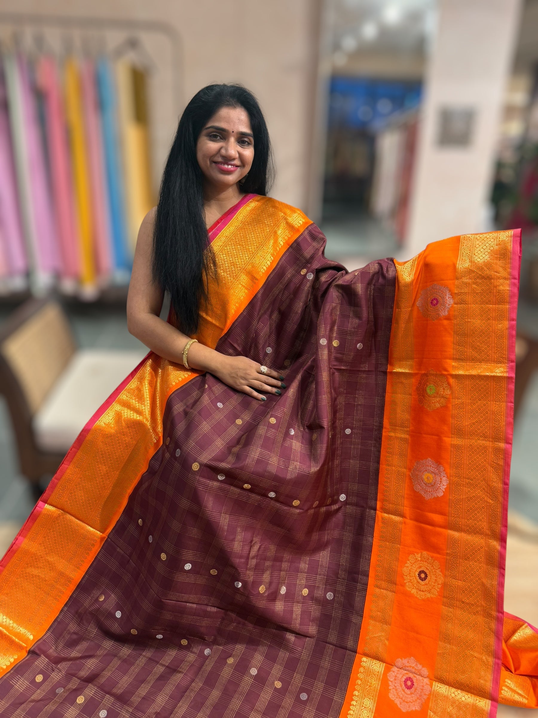 Brown & Orange Combo Pure Handloom Gadwal Kanchi Saree with Gap Borders r