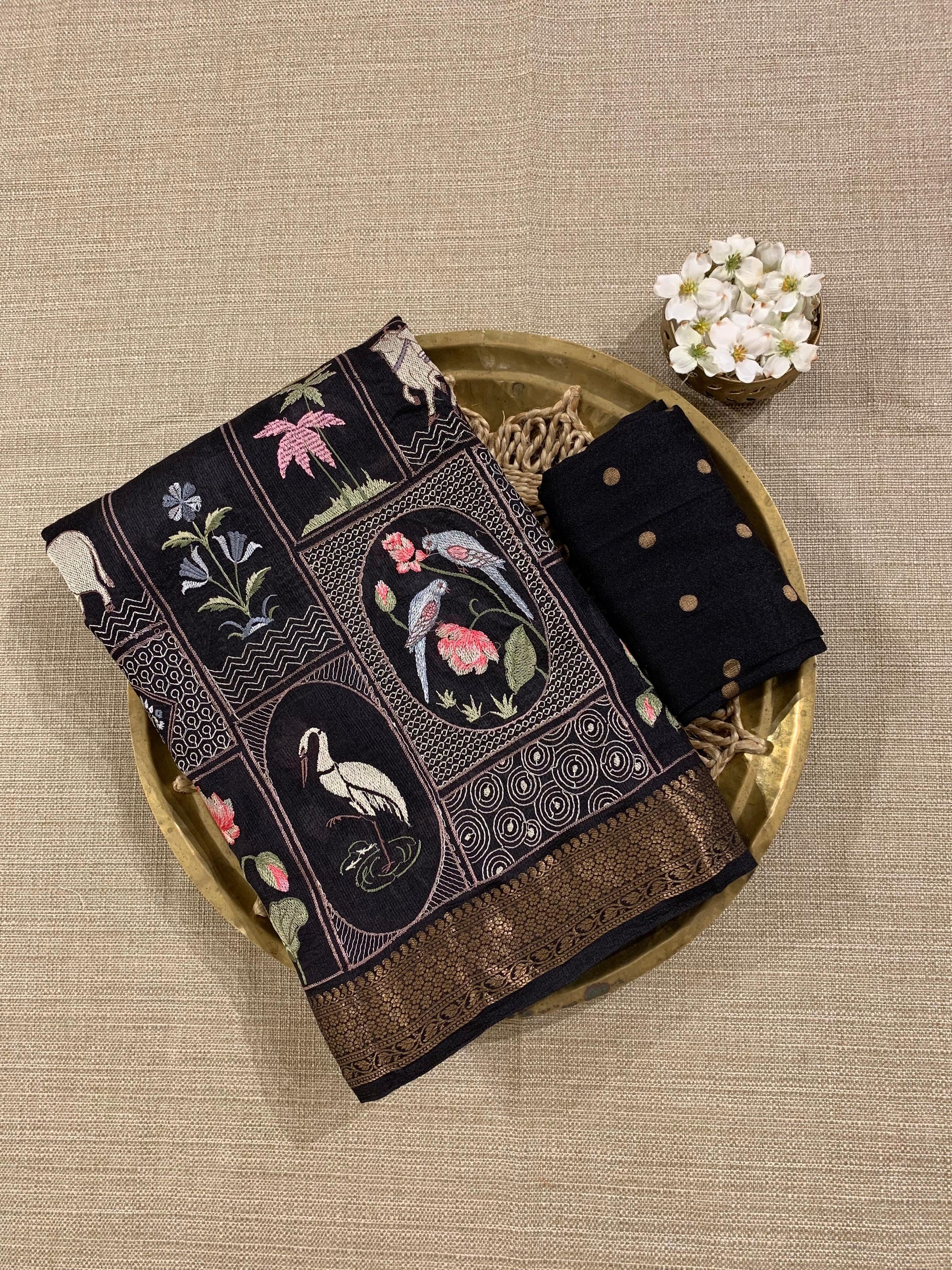 SMSEA109 Black Pure Handloom Munga Silk Saree with Pichwai Embroidery