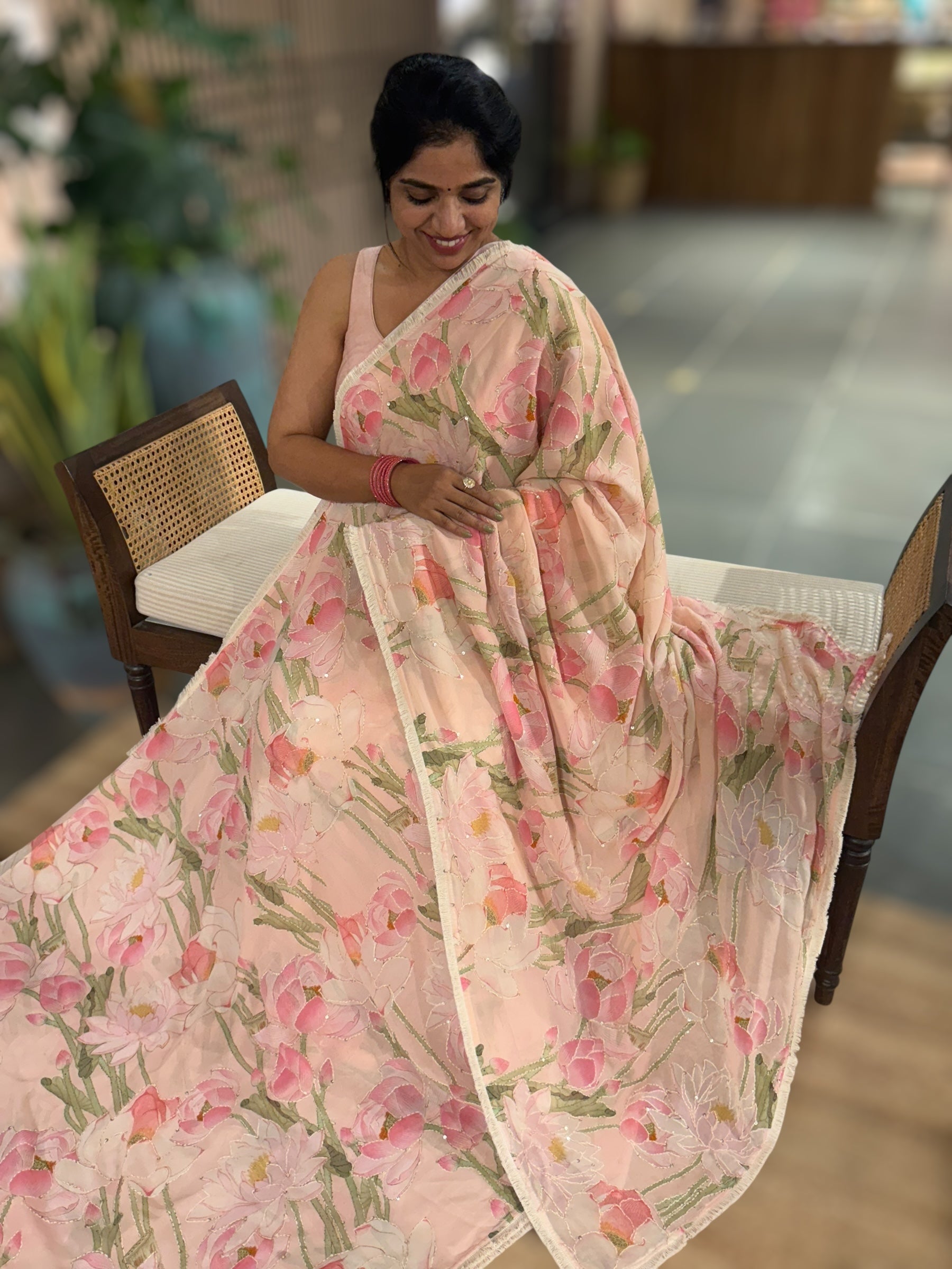 Peach Pink Pure Gorgette Printed Saree With Allover Hand Done Katha work