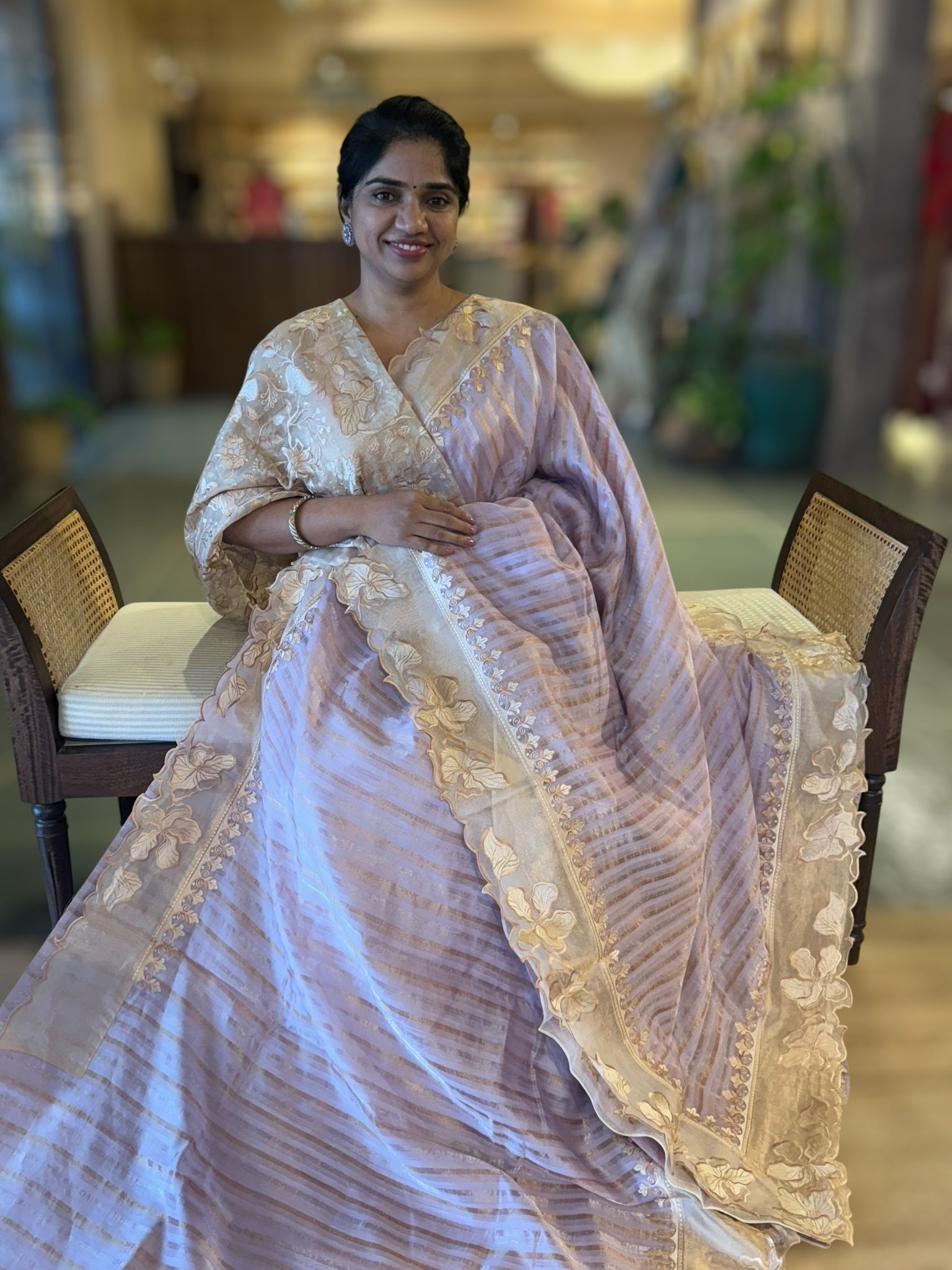 Lilac Mul Tissue Stripes Saree With Tissue Cutwork  Border & Blouse