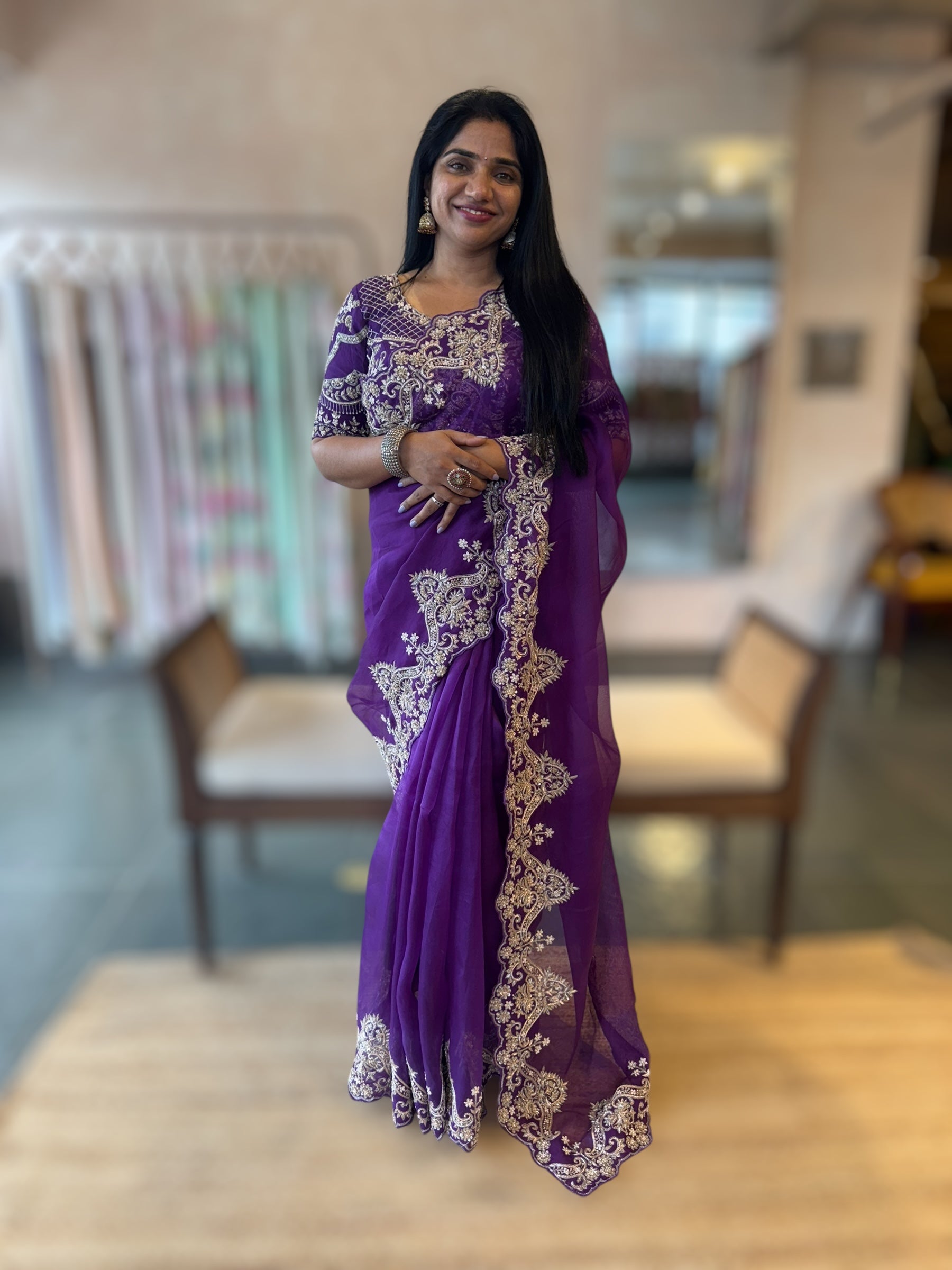 Purple Organza Heavy Handwork Saree