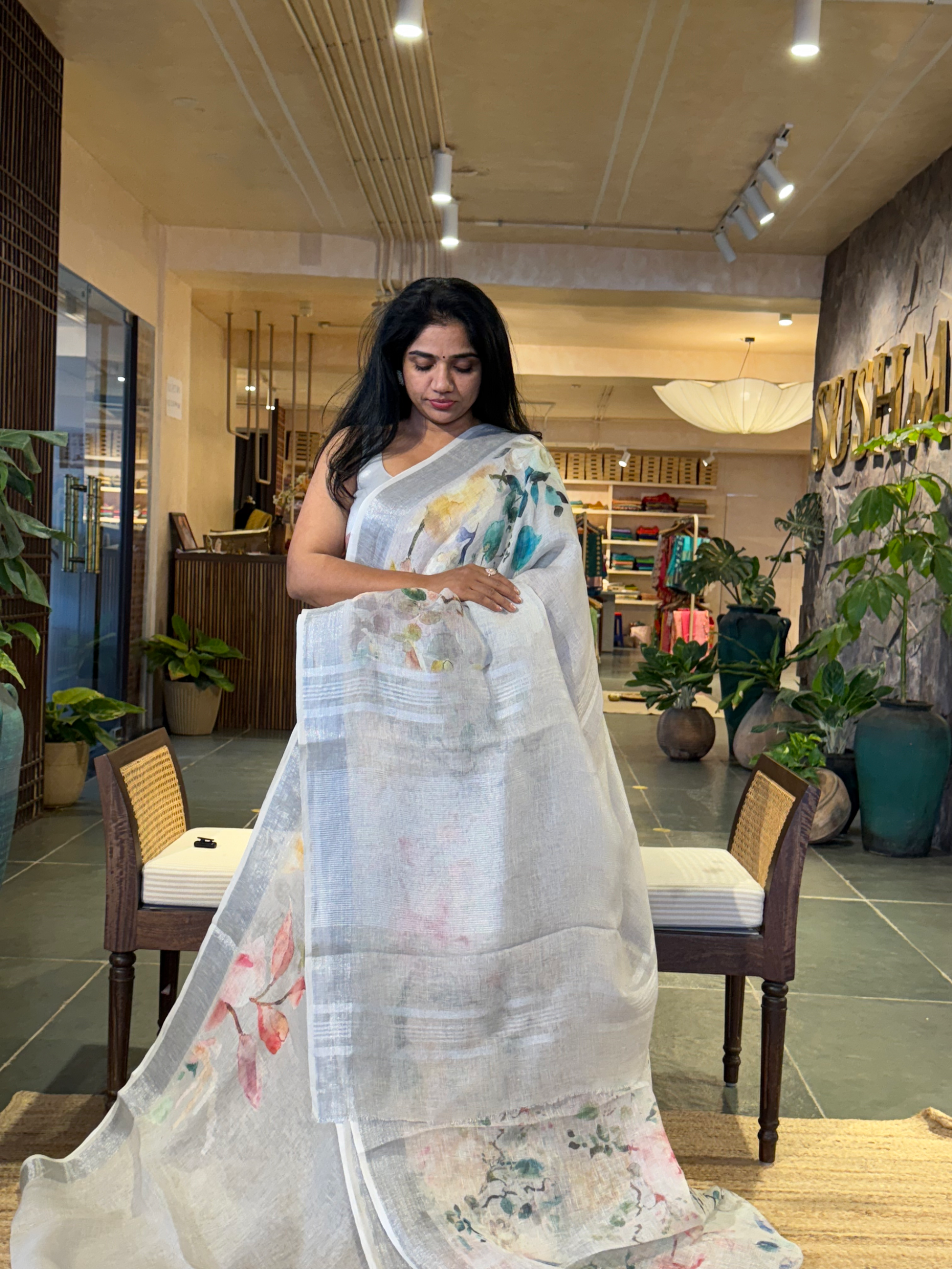 Light Grey  Pure Handloom Lenin Printed Sarees With Silver Zari Border