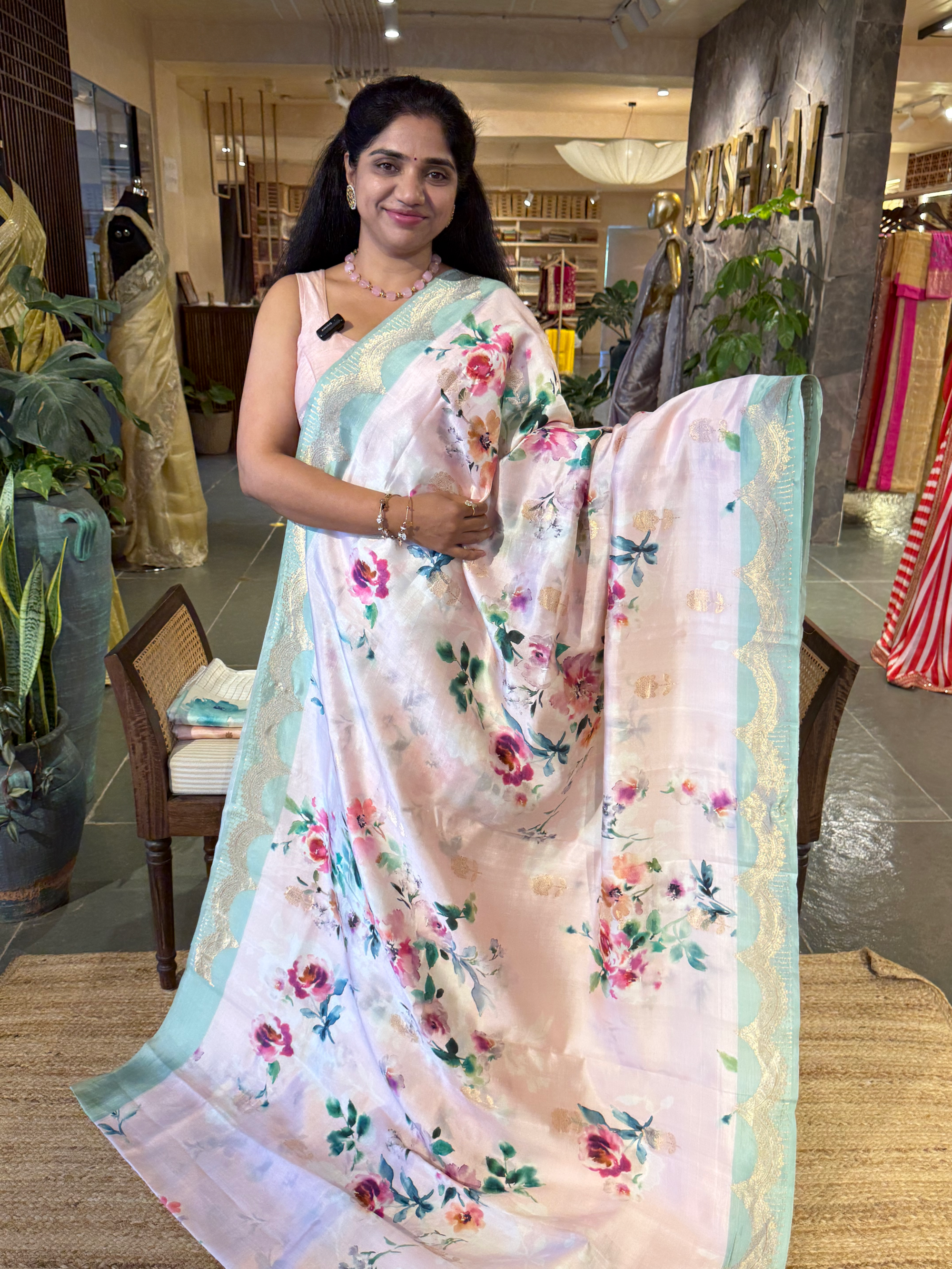 Banarasi Soft Silk Printed Saree With Scalloped Woven Zari Border