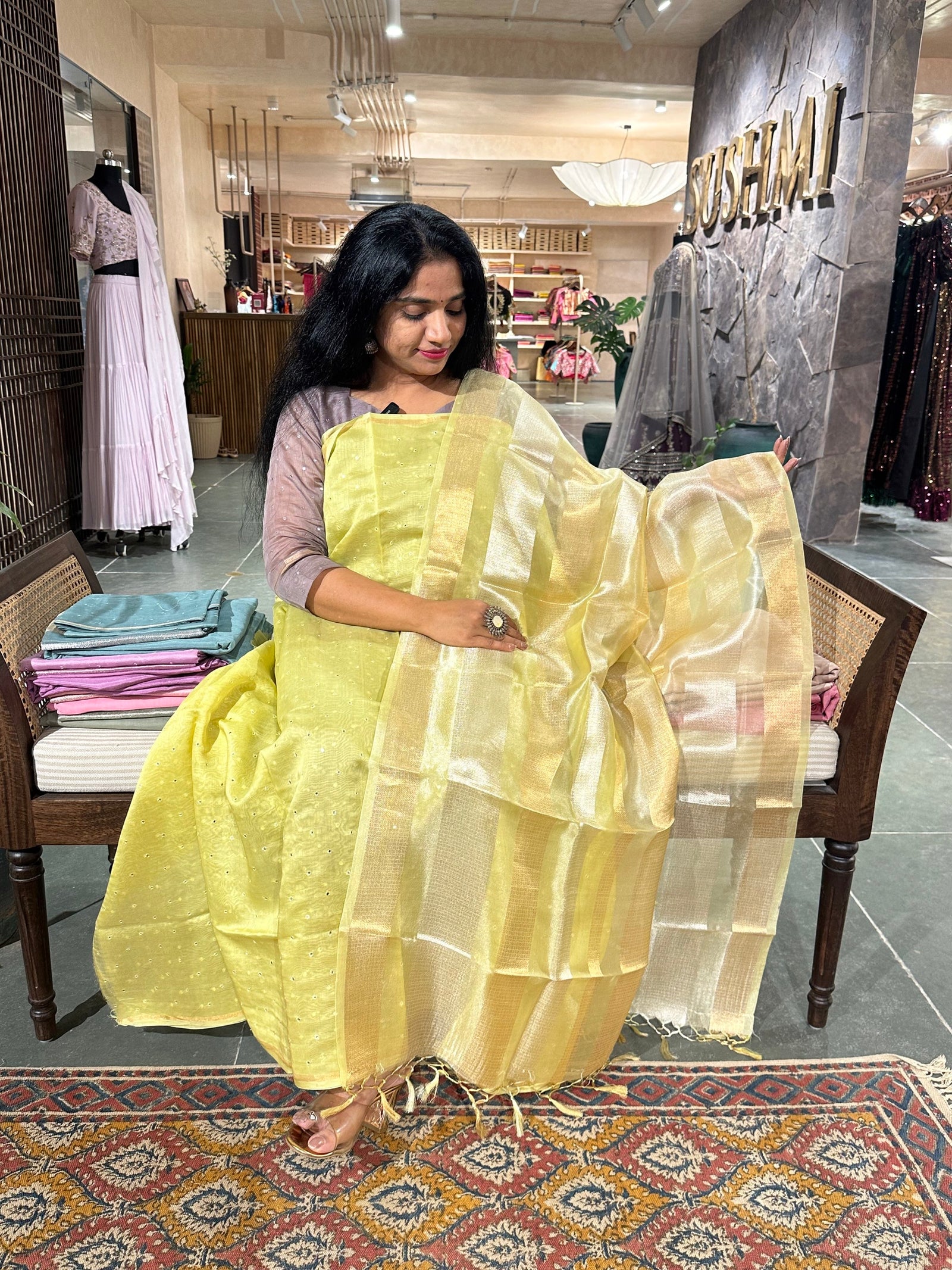 Lime Green 3 pc Pure Handloom Chanderi silk suit set