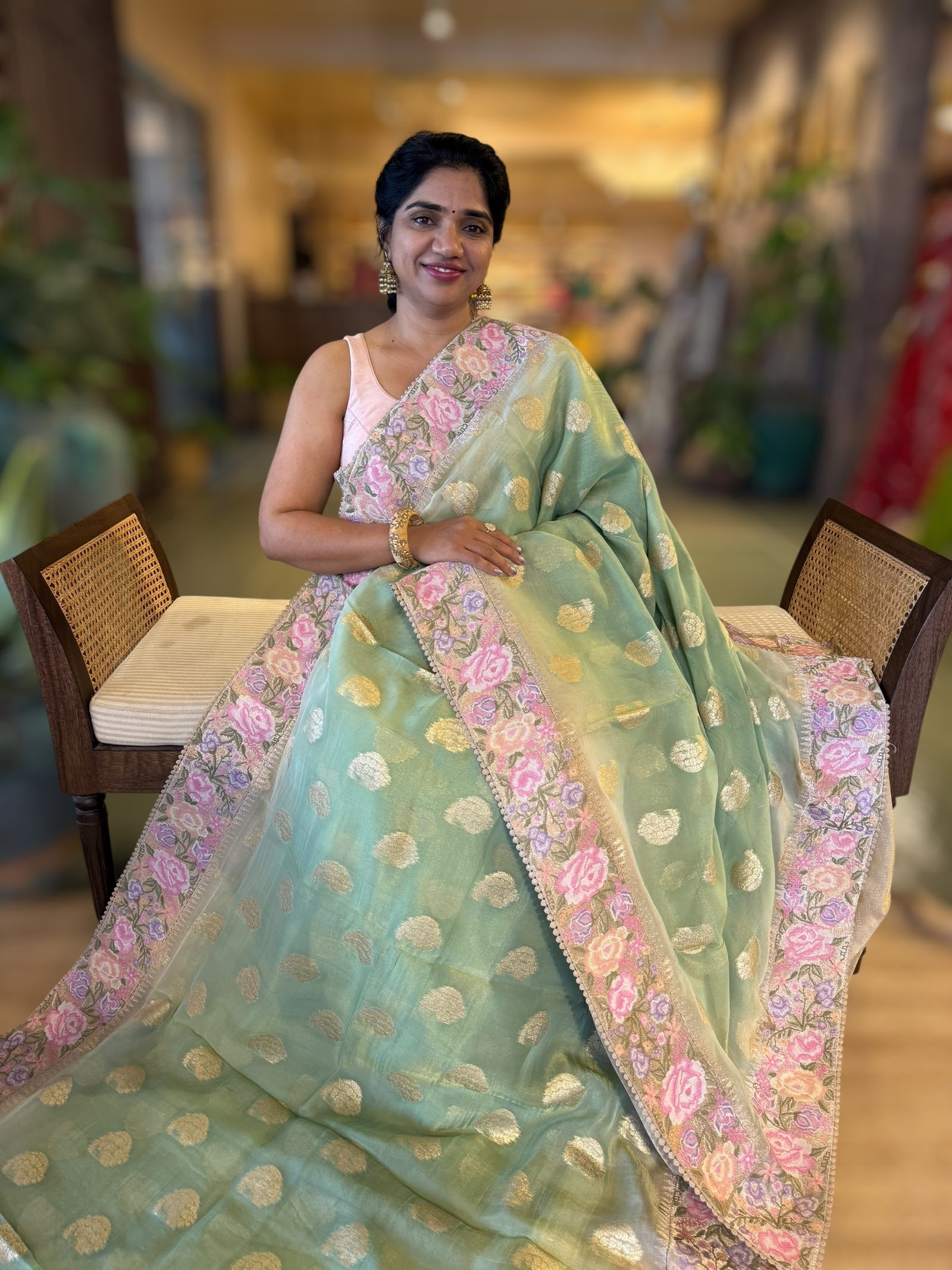 Mint Green Banarasi Tissue Gorgette Saree Wth Petite Point Border