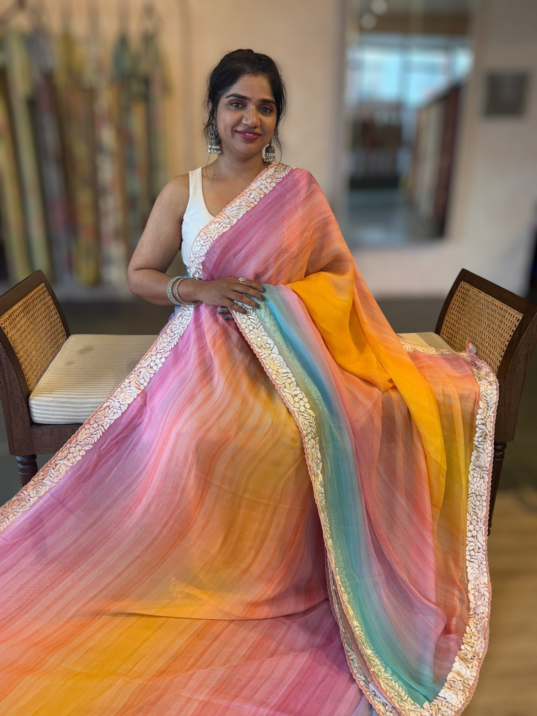 Pure Chiffon Saree with Ombre Brush dyeing & Parsi Gara Embroidered Border