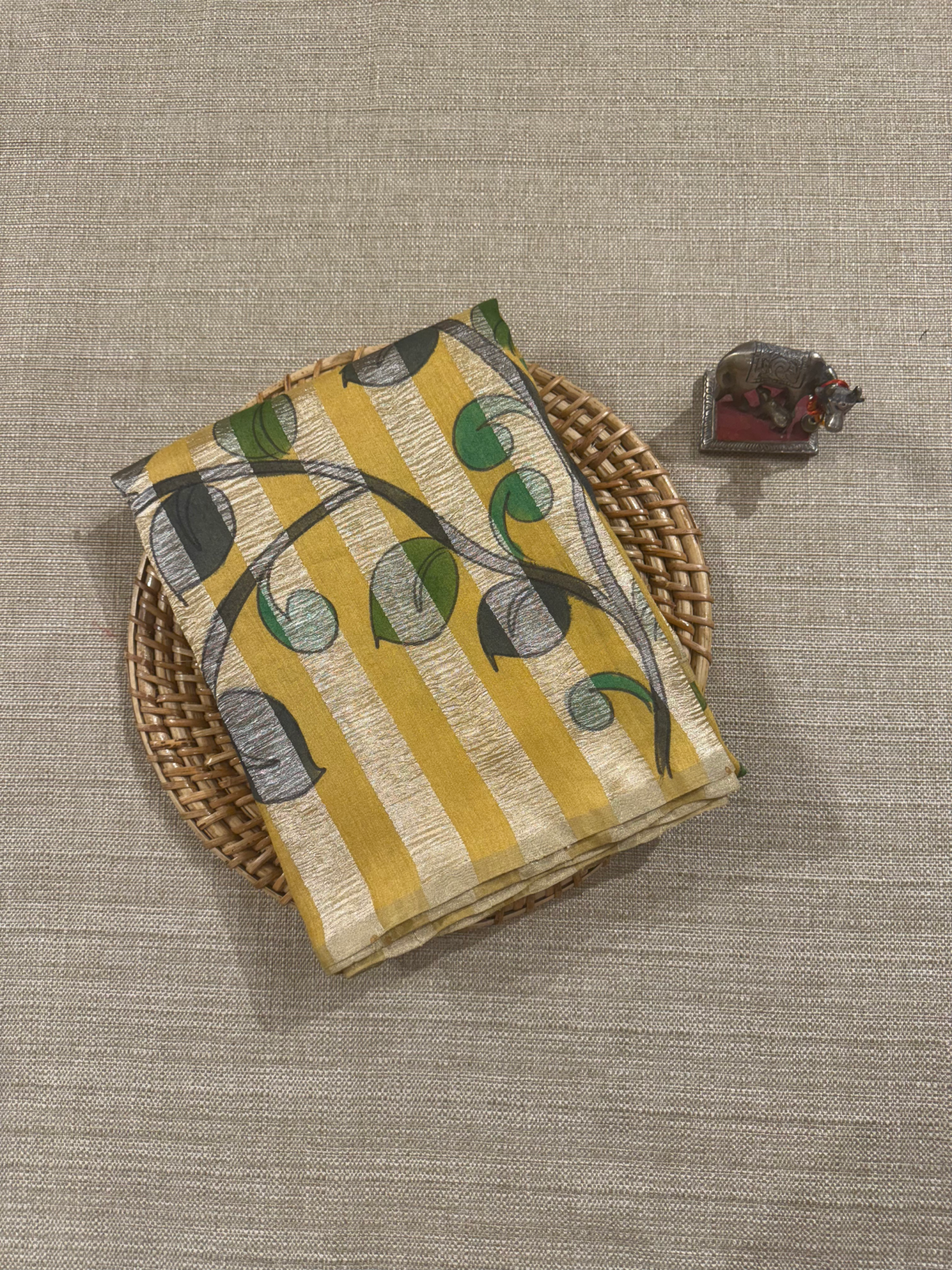 SMTKM173 Pure Handloom Munga Silk Wth Tissue Stripes & Penkalamkari Handpainting