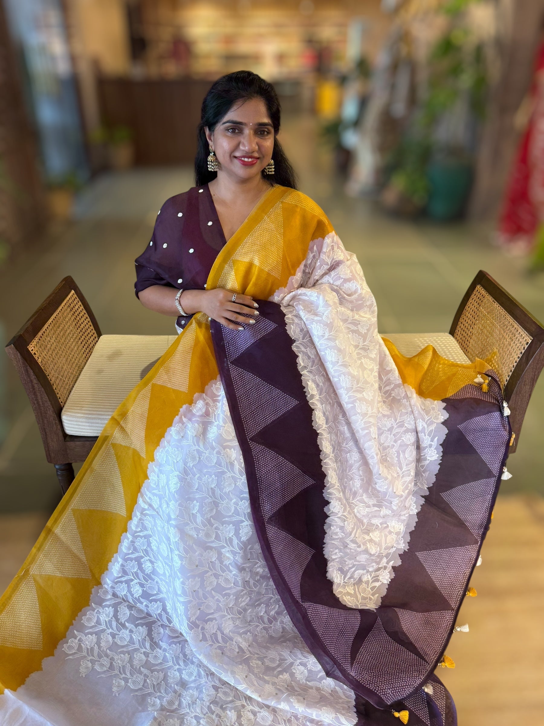 Organza Chikankari Embroidery Saree With Ganga Jamuna Bandhini Temple Borders