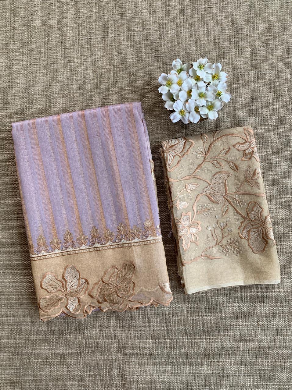 Lilac Mul Tissue Stripes Saree With Tissue Cutwork  Border & Blouse