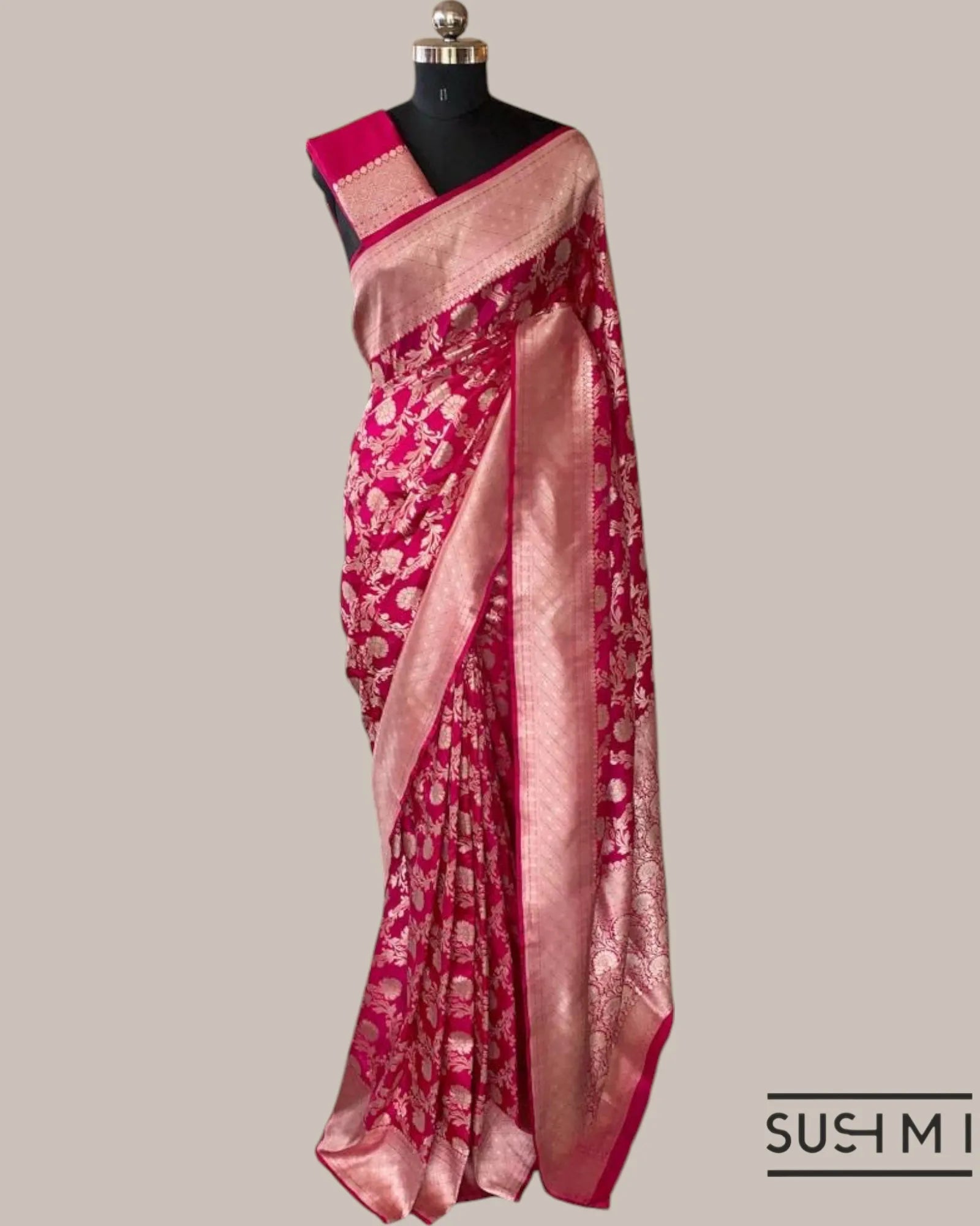 Dark Pink Banarasi Katan Silk Saree with Allover Floral Jaal Weaving