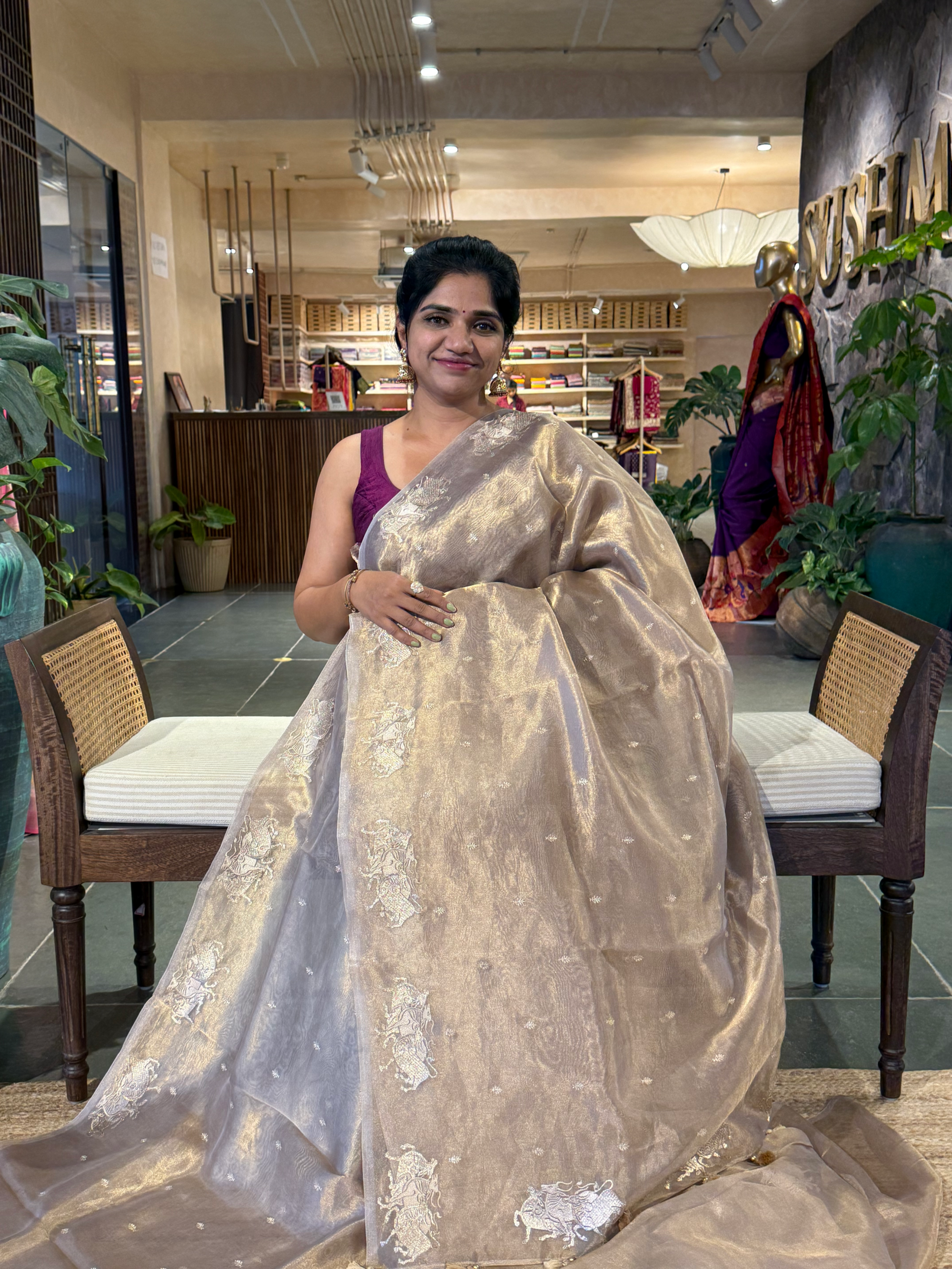 Beige Gold Tissue  Saree with  Nandi Embroidery & Stripes Tissue  Blouse