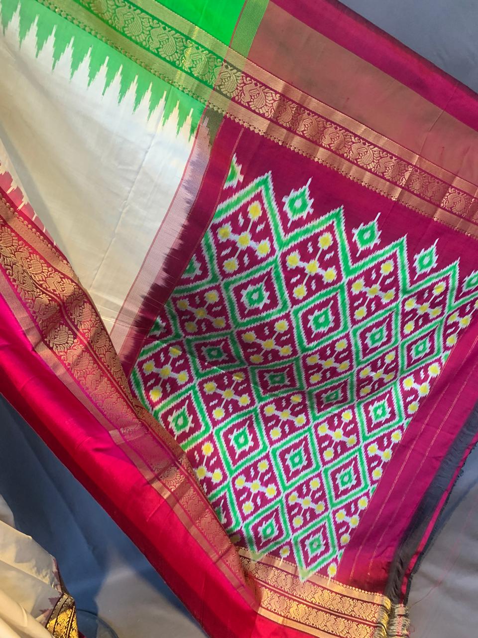Pure Handloom Twill Ikkath Kanchi Saree With Ganga Jamuna Borders
