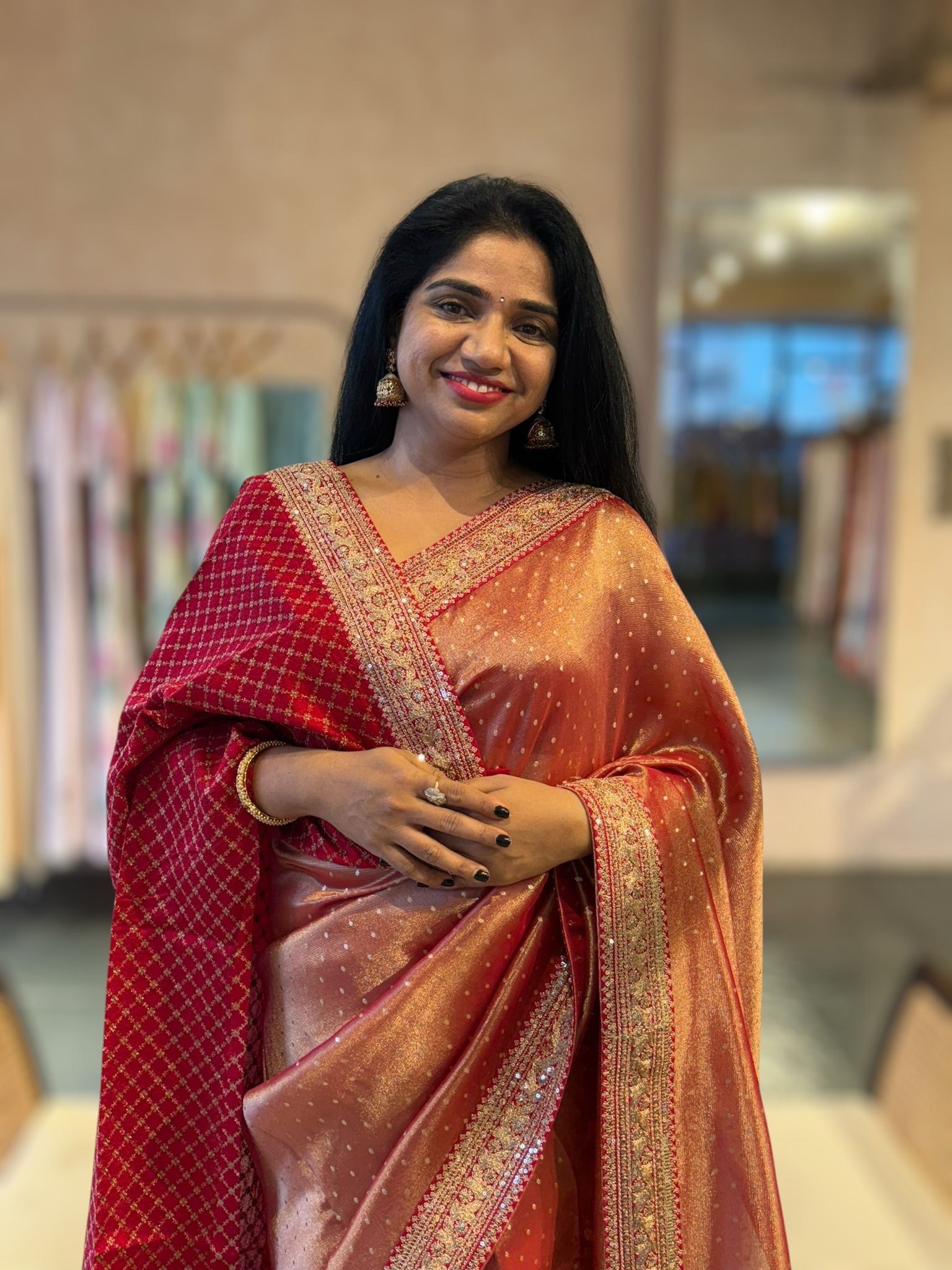 Red Tissue Gorgette saree witj sabyasachi borders and allover pitawork blouse