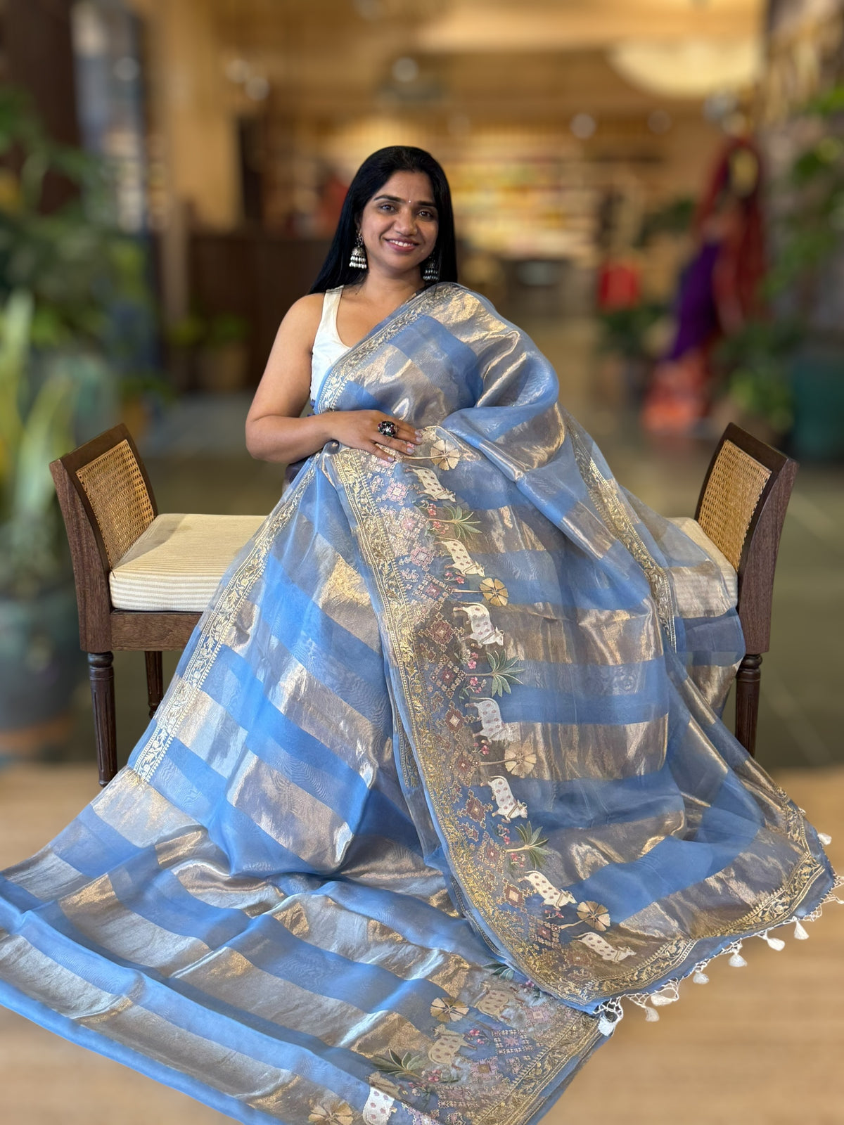 Dark SkyBlue Kora Tissue Stripes Saree Wth Jamdani  &amp; Pichwai embroidered Border