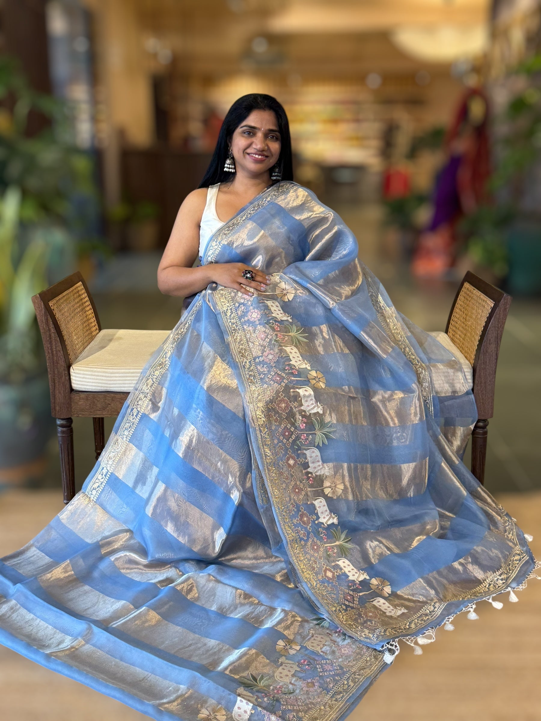 Dark SkyBlue Kora Tissue Stripes Saree Wth Jamdani  & Pichwai embroidered Border