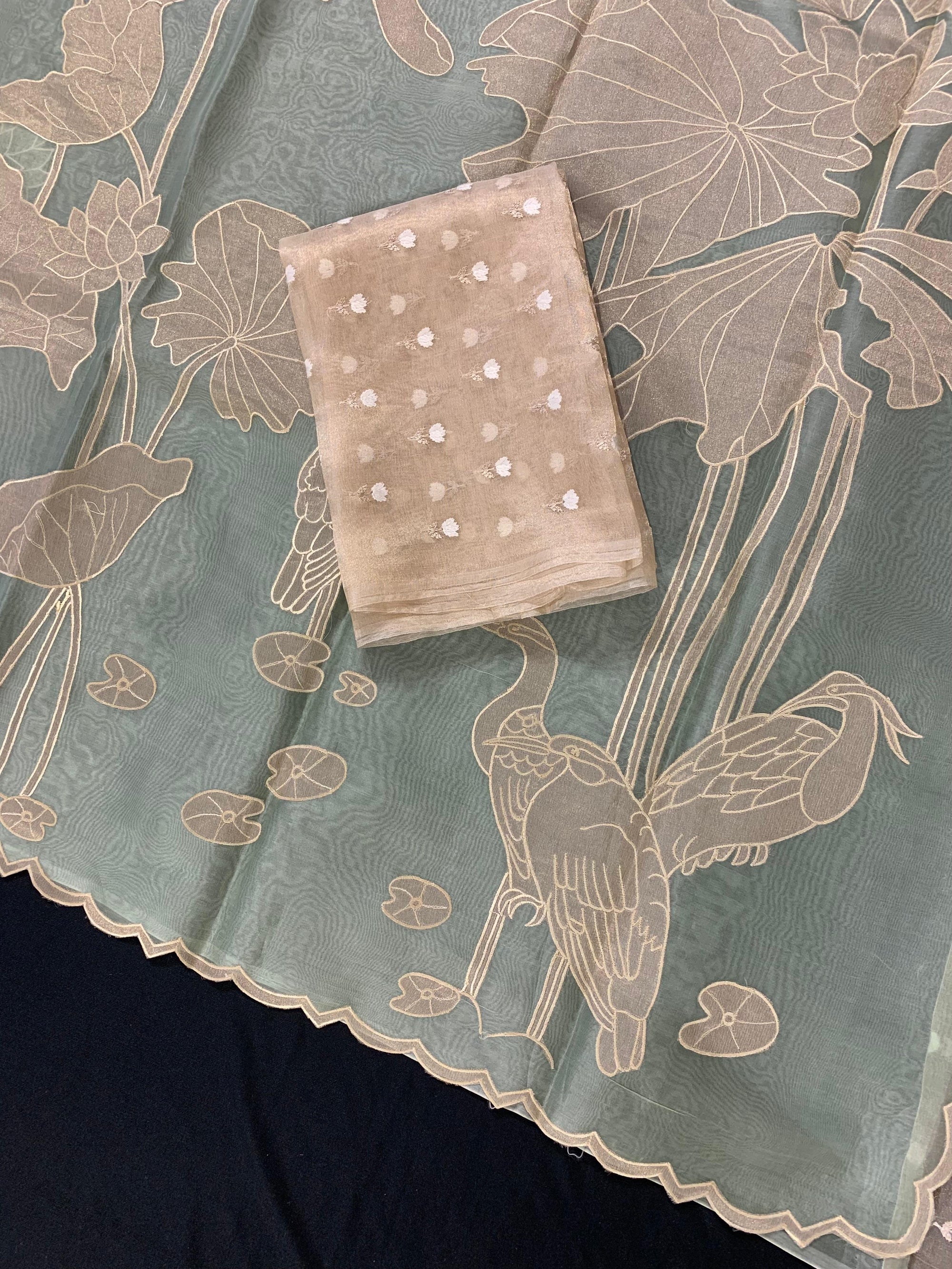 Mint Green Pure Organza Designer Saree with Allover Tissue Applique Embroidery