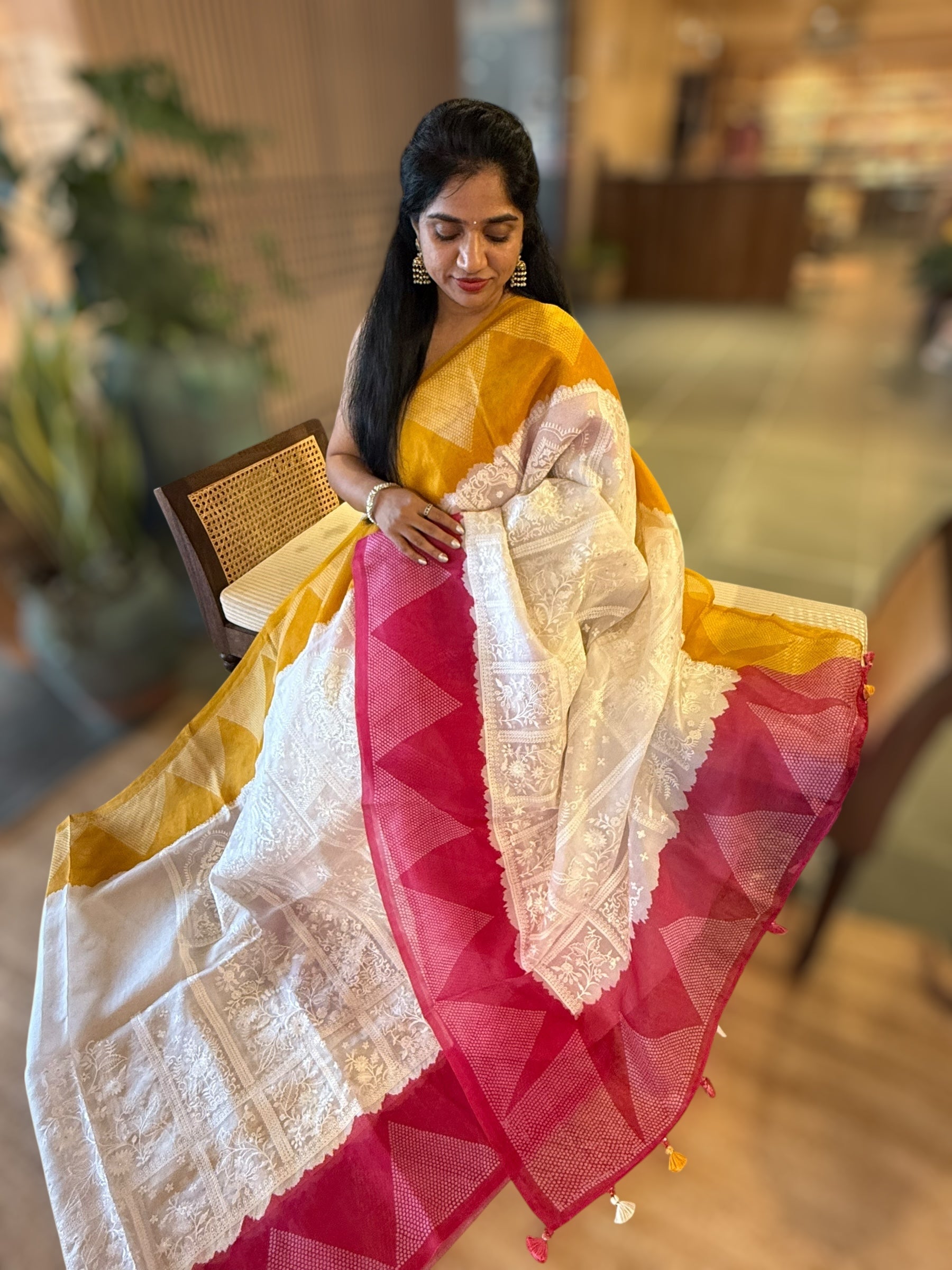 Organza Chikankari Embroidery Saree With Ganga Jamuna Bandhini Temple Borders