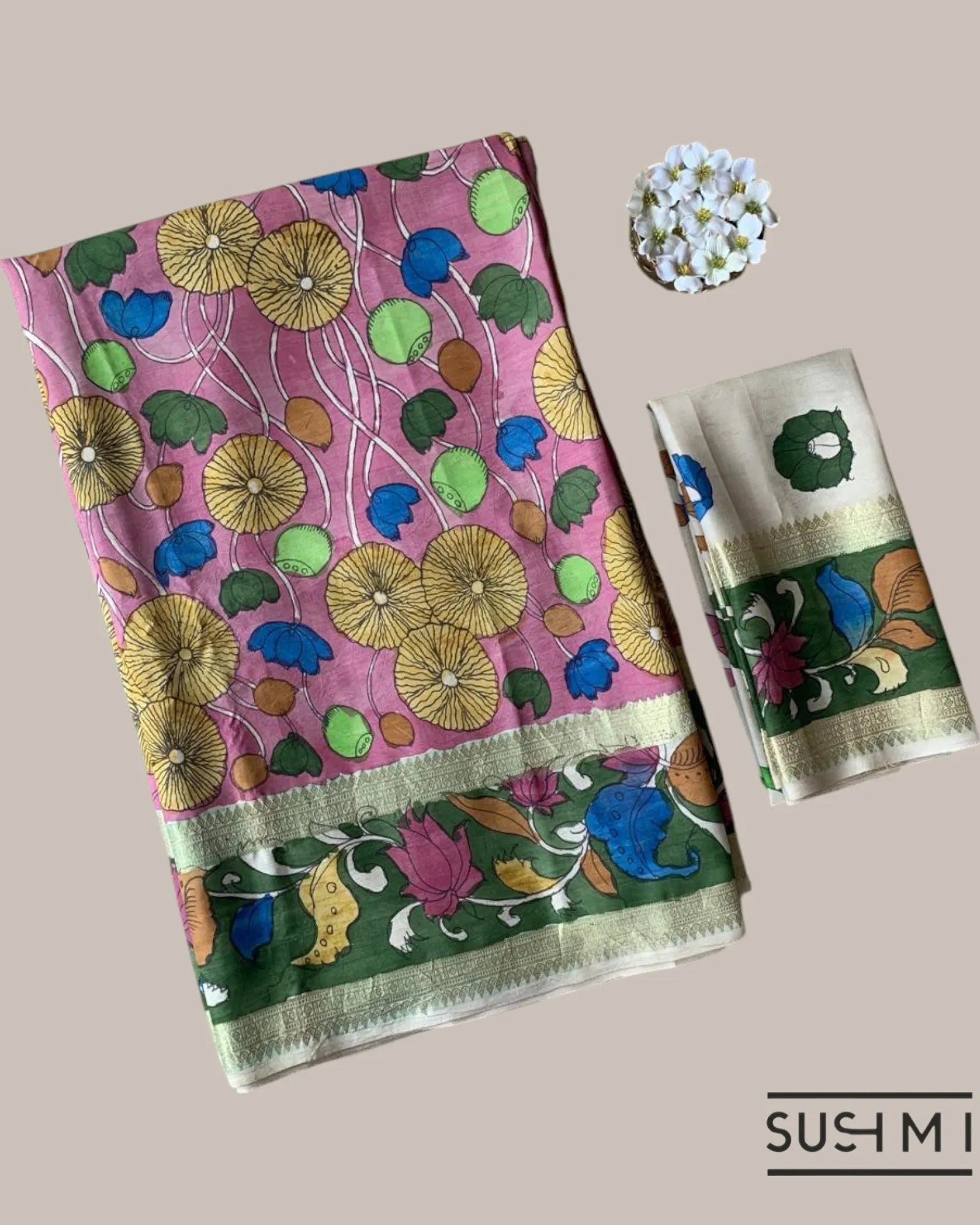 Pink Kanchi Pen kalamkari handpainted saree with heavy border