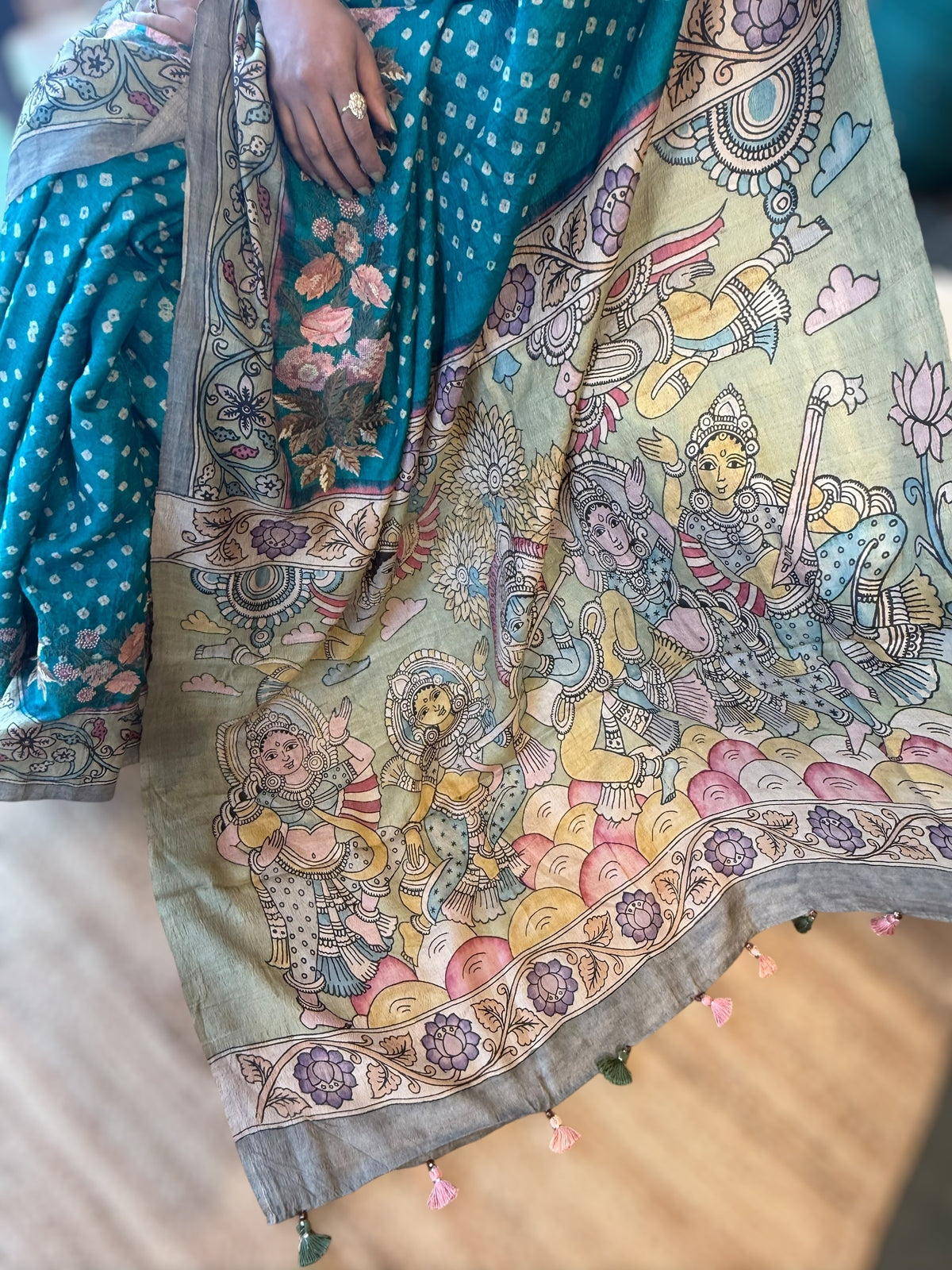 Teal Tussar Bandhini Saree With Pen kalamkari Border & Petite Point Emb Blouse