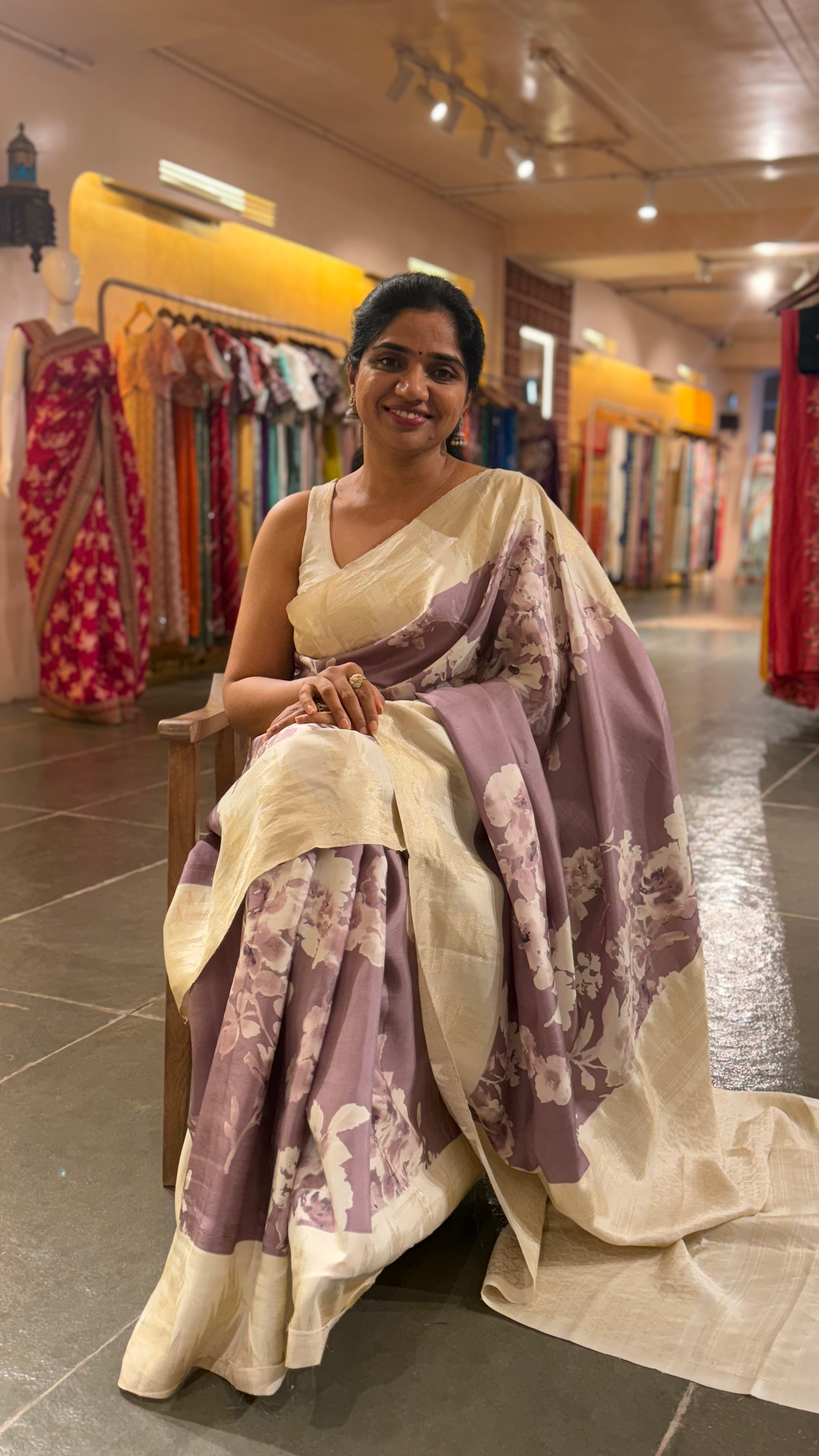 Mauve Printed Kanchi Silk soft drape Saree with temple borders