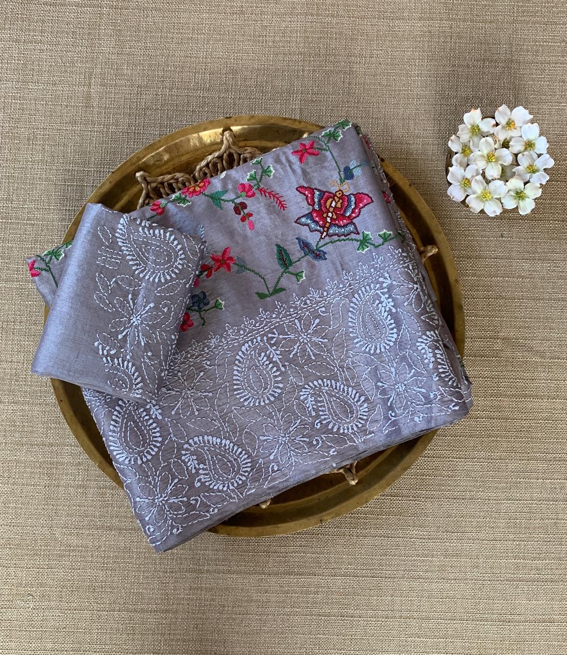 Tussar Saree With Petite Point Embroidered body & Hand lucknowi border & Pallu
