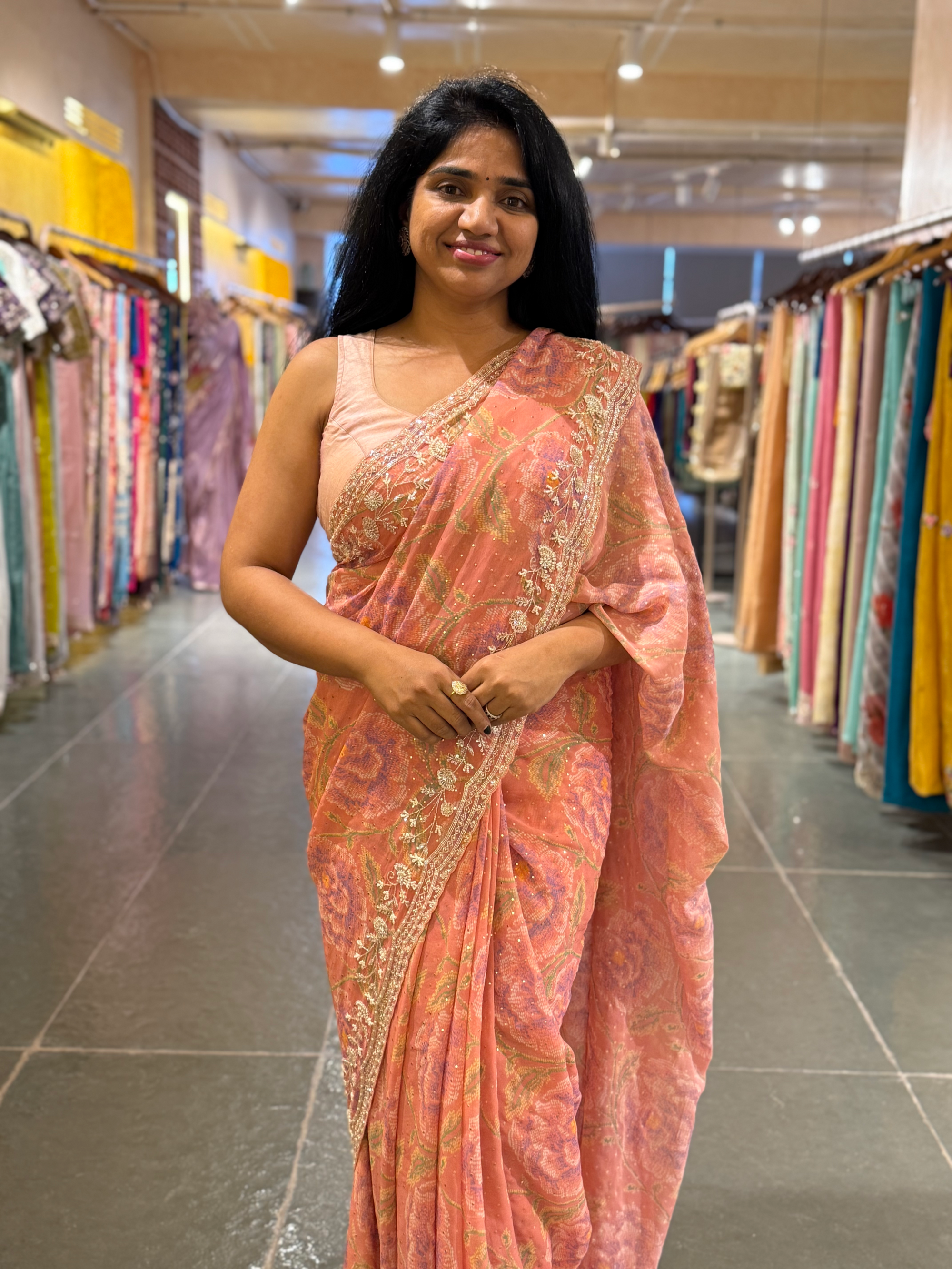 Peach Pink Pure gorgette printed Saree with handwork