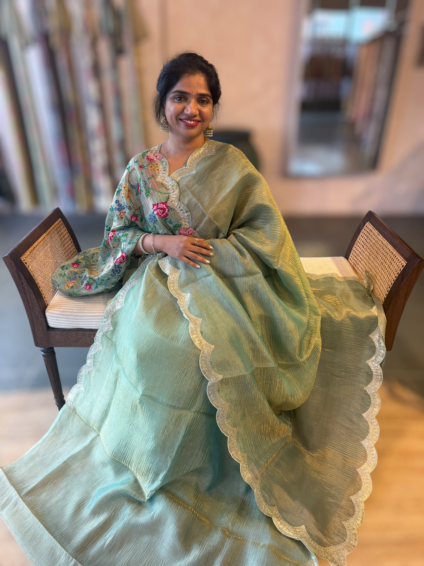 Ombre Dyed Crush Tissue Saree With Pitawork Border & Petite Point Embroidered BP