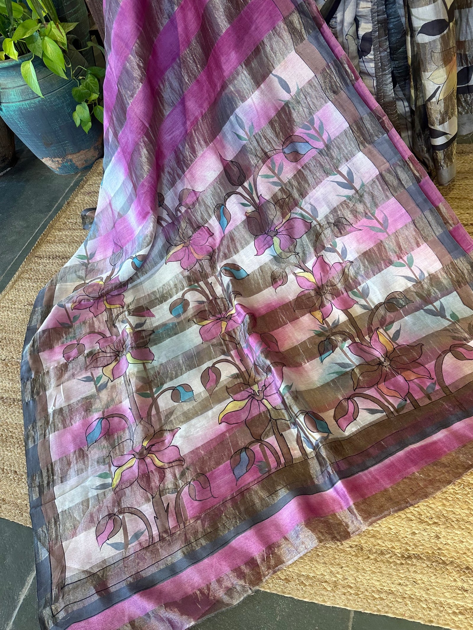 Pure Handloom Banarasi Munga Tissue  Saree with handpainting