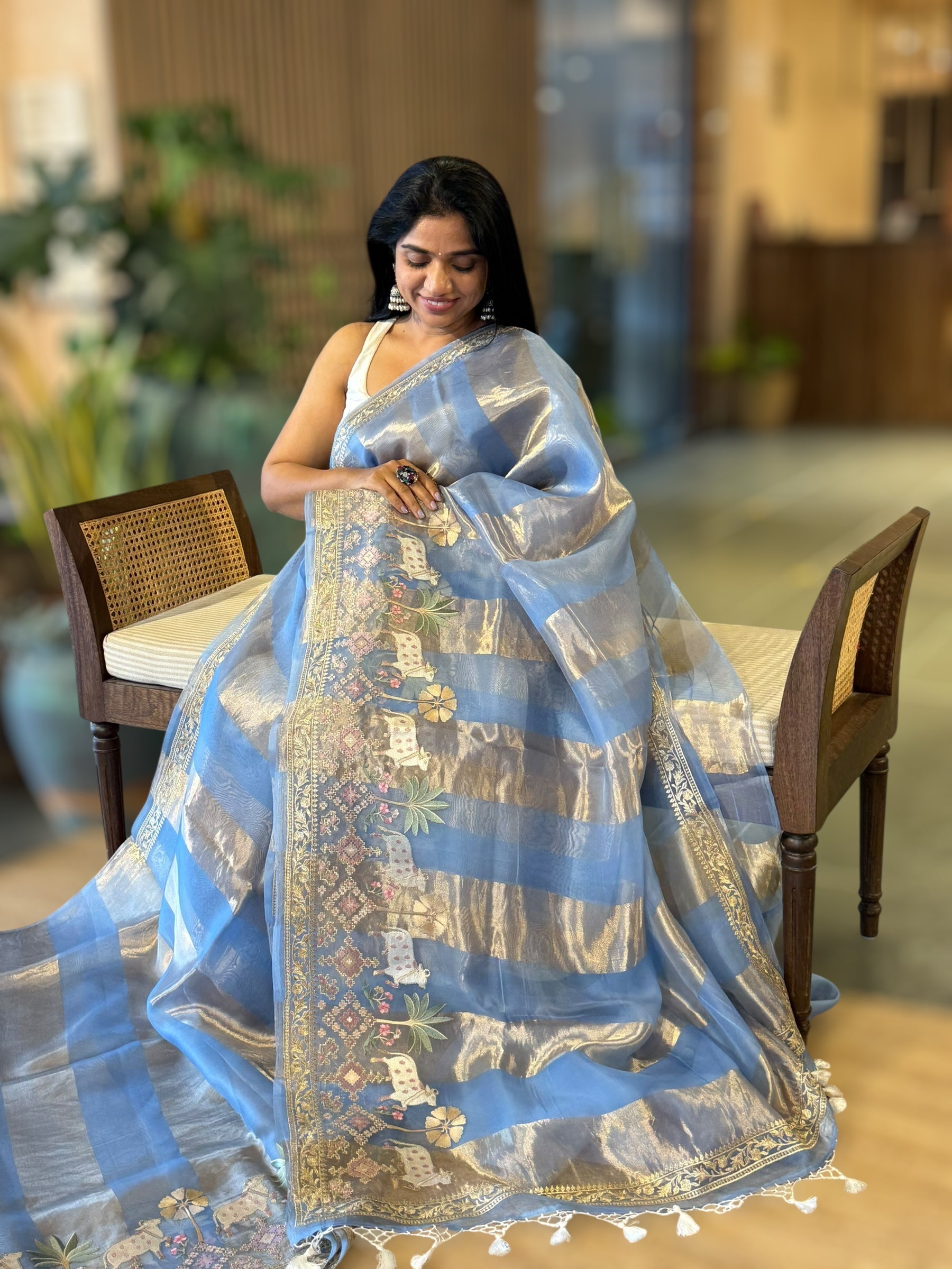 Dark SkyBlue Kora Tissue Stripes Saree Wth Jamdani  & Pichwai embroidered Border