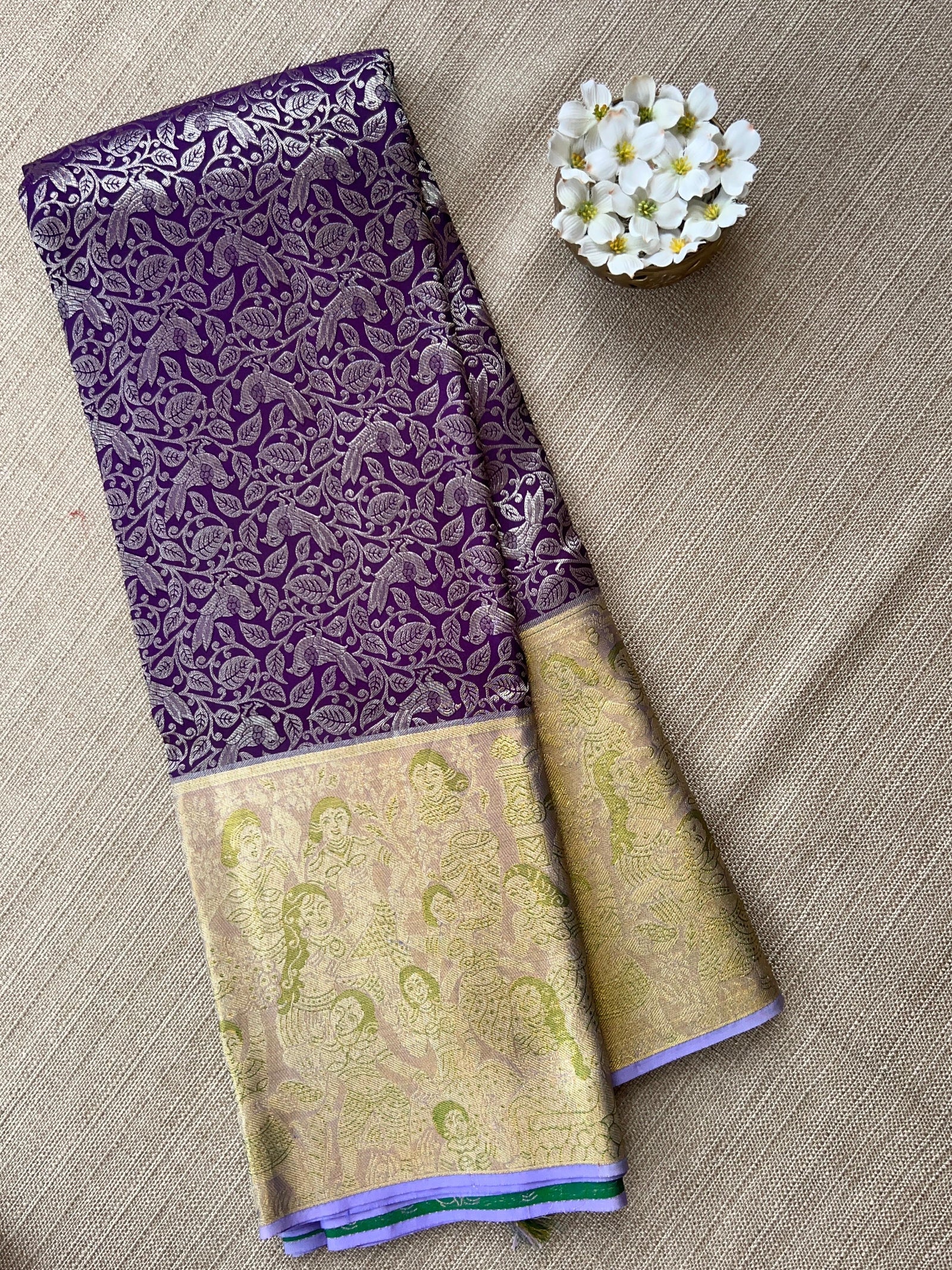 Royal Lavender Pure Kanchi Pattu Saree with Antique Gold Zari & Bird Vine Motif
