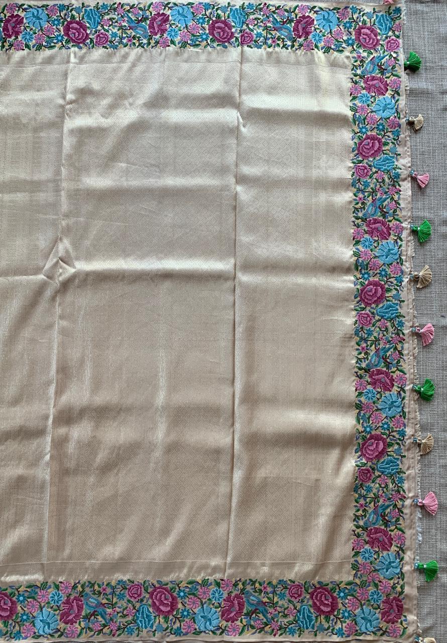 Wheat Tone  Pure  Kanchi Brocade Saree with Petite Point Embroidery