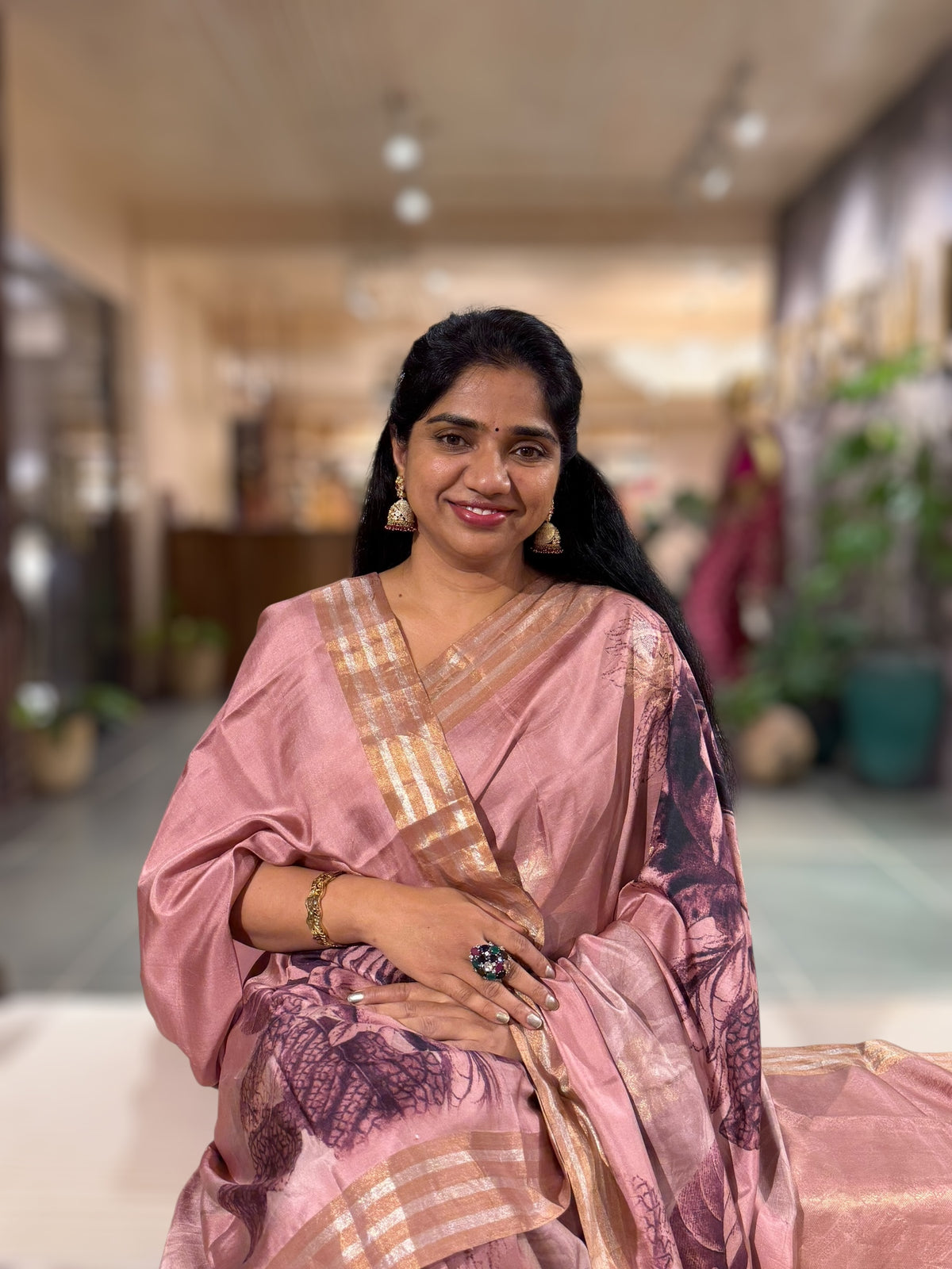 Onion Pink Printed Kanchi Soft Silk Saree with Bold Rose Flower Print.