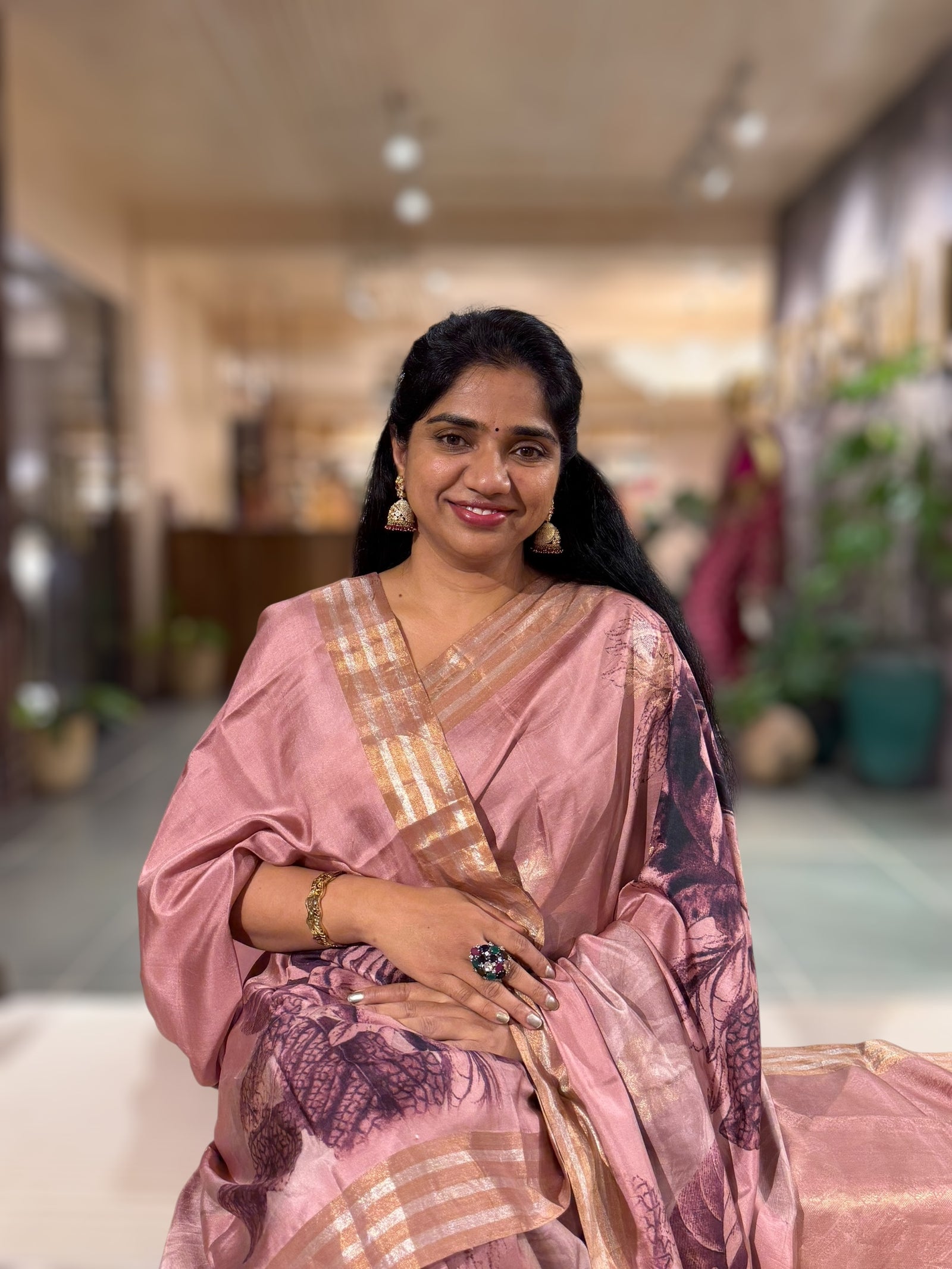 Onion Pink Printed Kanchi Soft Silk Saree with Bold Rose Flower Print.