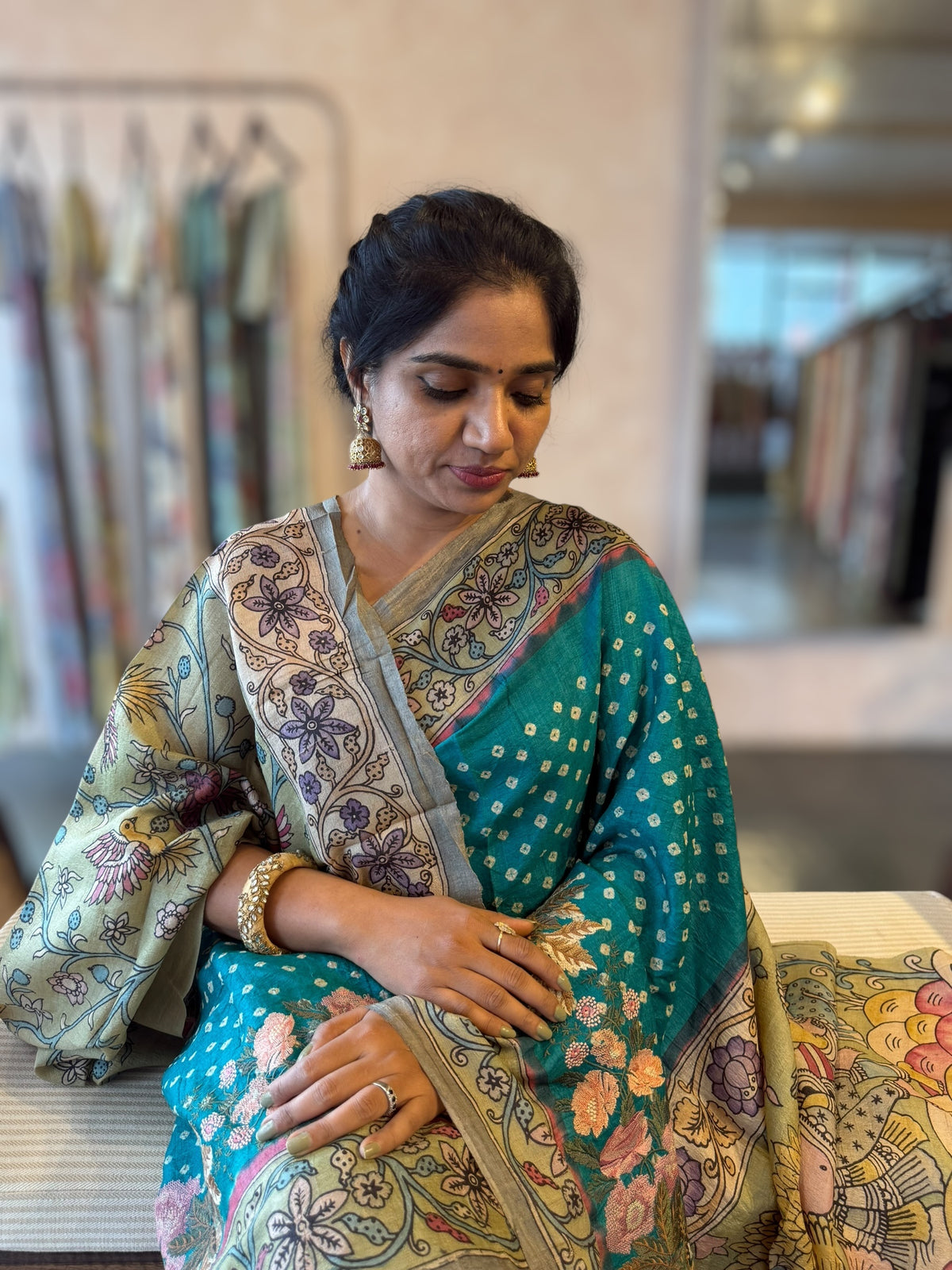 Teal Tussar Bandhini Saree With Pen kalamkari Border & Petite Point Emb Blouse