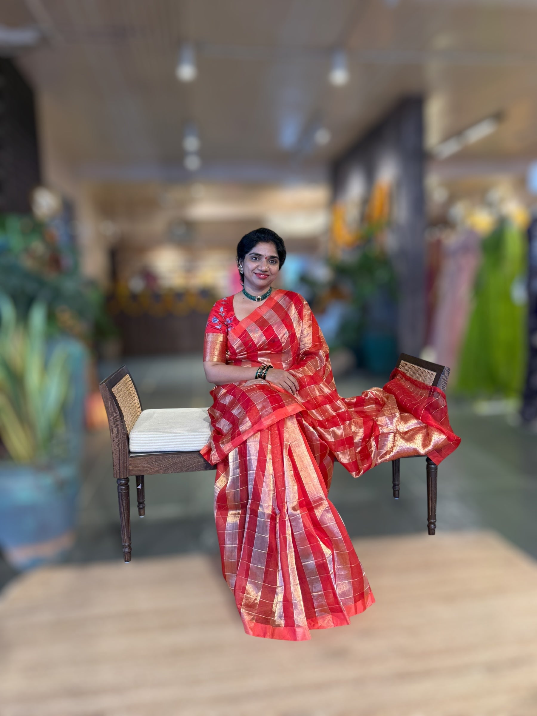 Red Pure Handloom Banarasi Kora Tissue Checks Saree