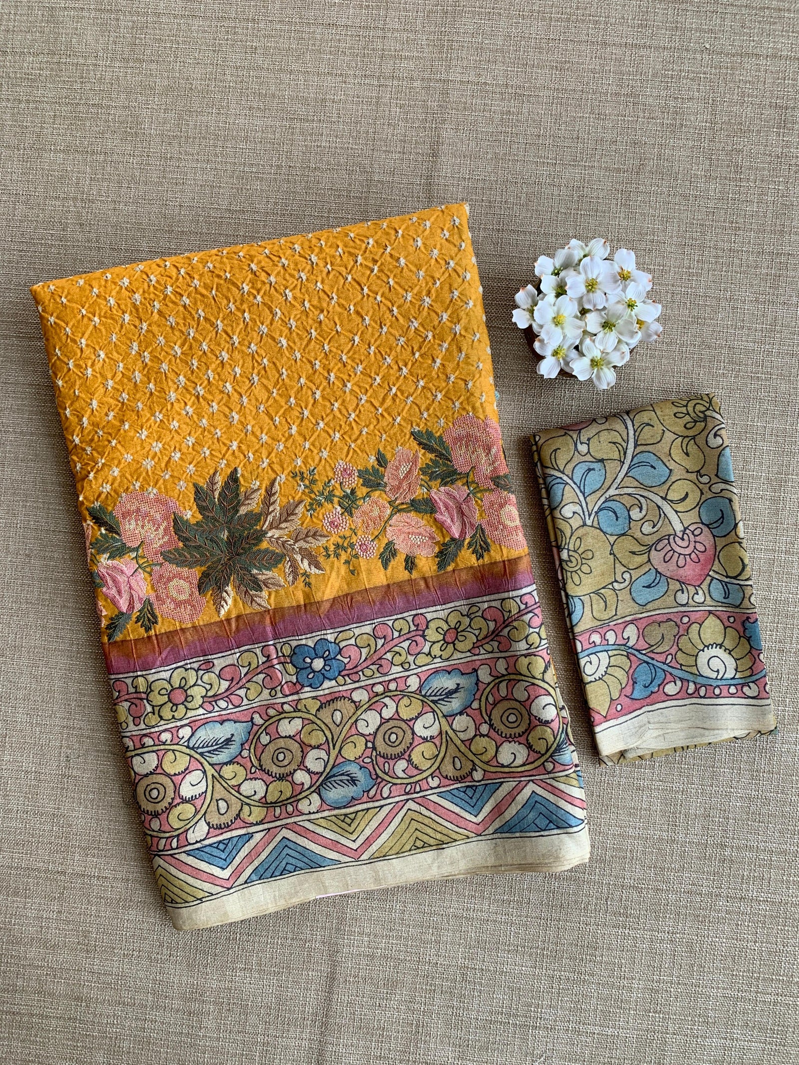 Yellow Tussar Bandhini Saree With Pen kalamkari Border & Petite Point Emb Blouse