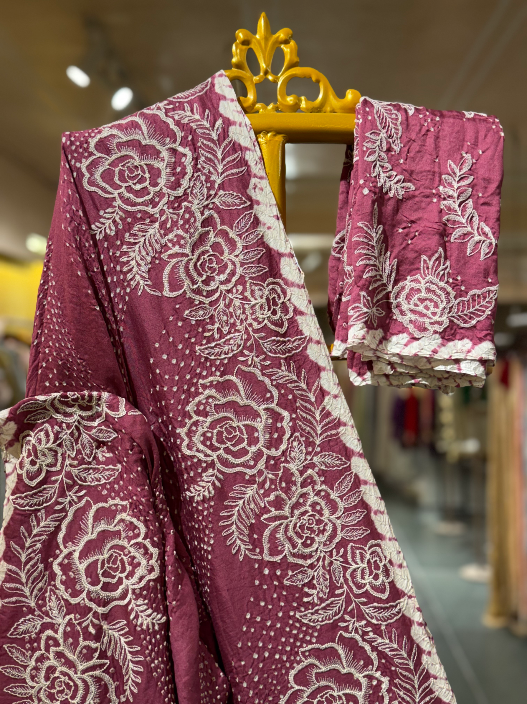 Dark Onion Pink Pure Gajji Silk Rai Bandhej Saree with Outline Embroidery
