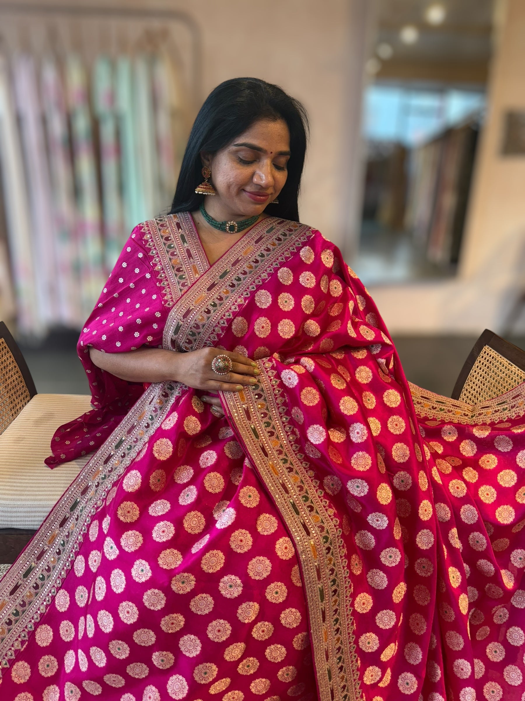 Rani Pink Banarasi Silk Saree  wth Chakra Meenakari Motifs & Sabhyasachi Borders