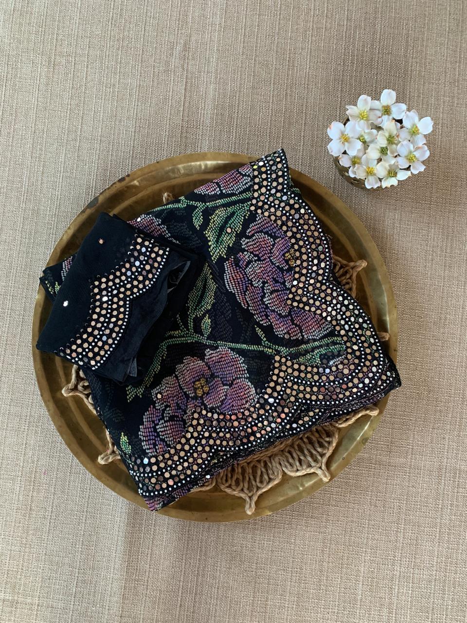 Black Gorgette prints with handwork mirrorwork borders