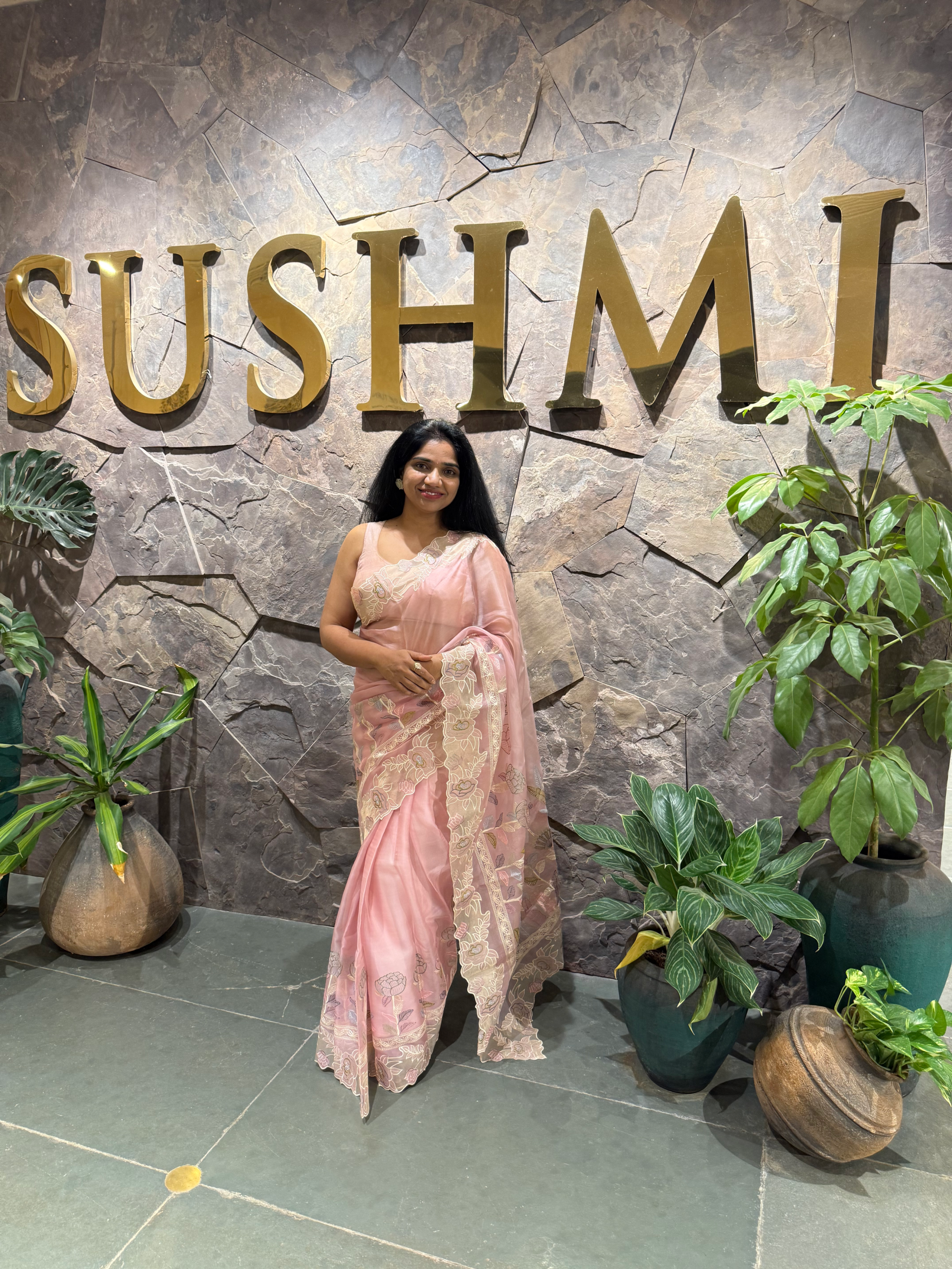 Blush Pink Pure Organza Saree with embroidered and cutwork borders